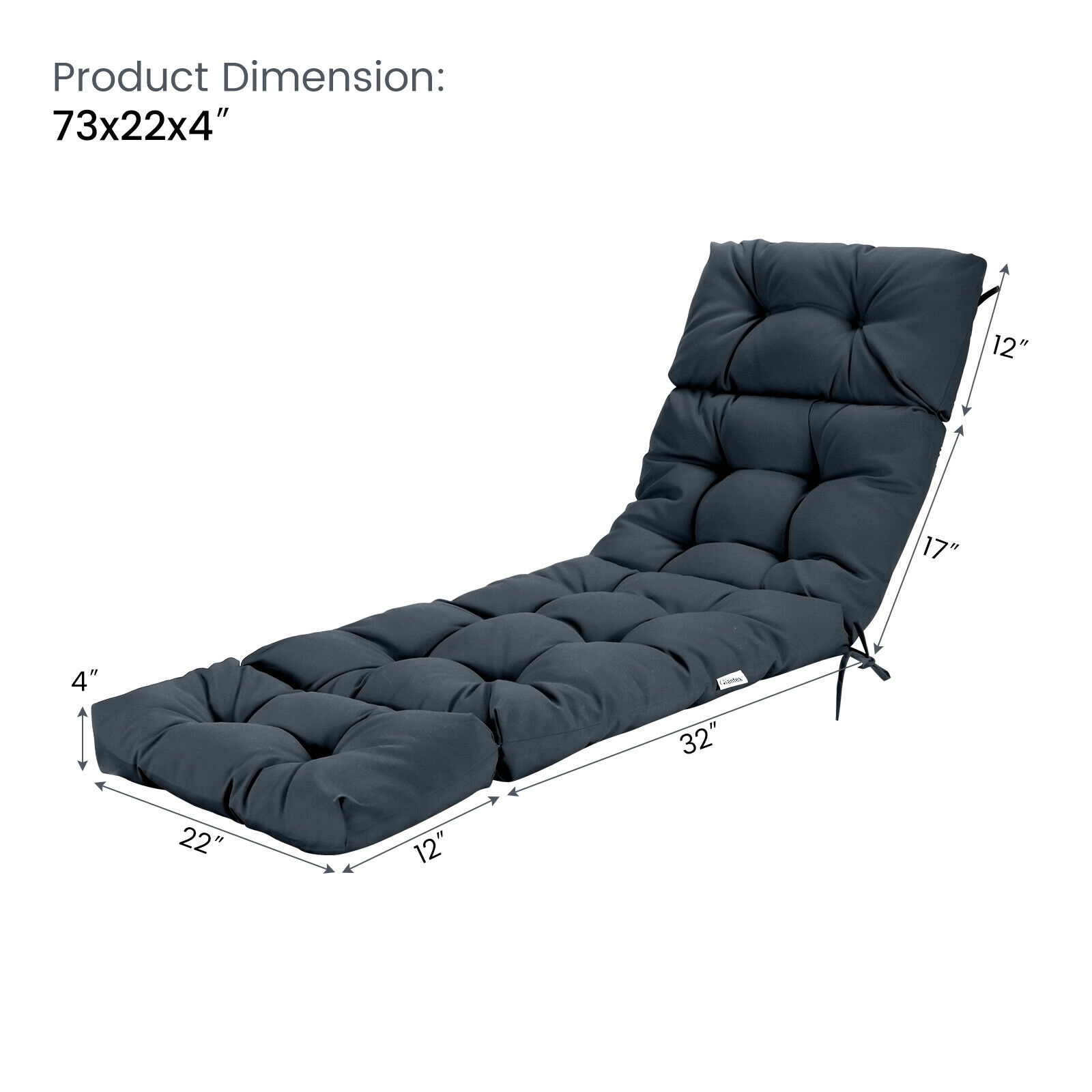 SUGIFT Gray Cotton Filled Outdoor Chaise Lounge Cushion with String Ties and Head Pillow 73-in W 22-in D 4-in H