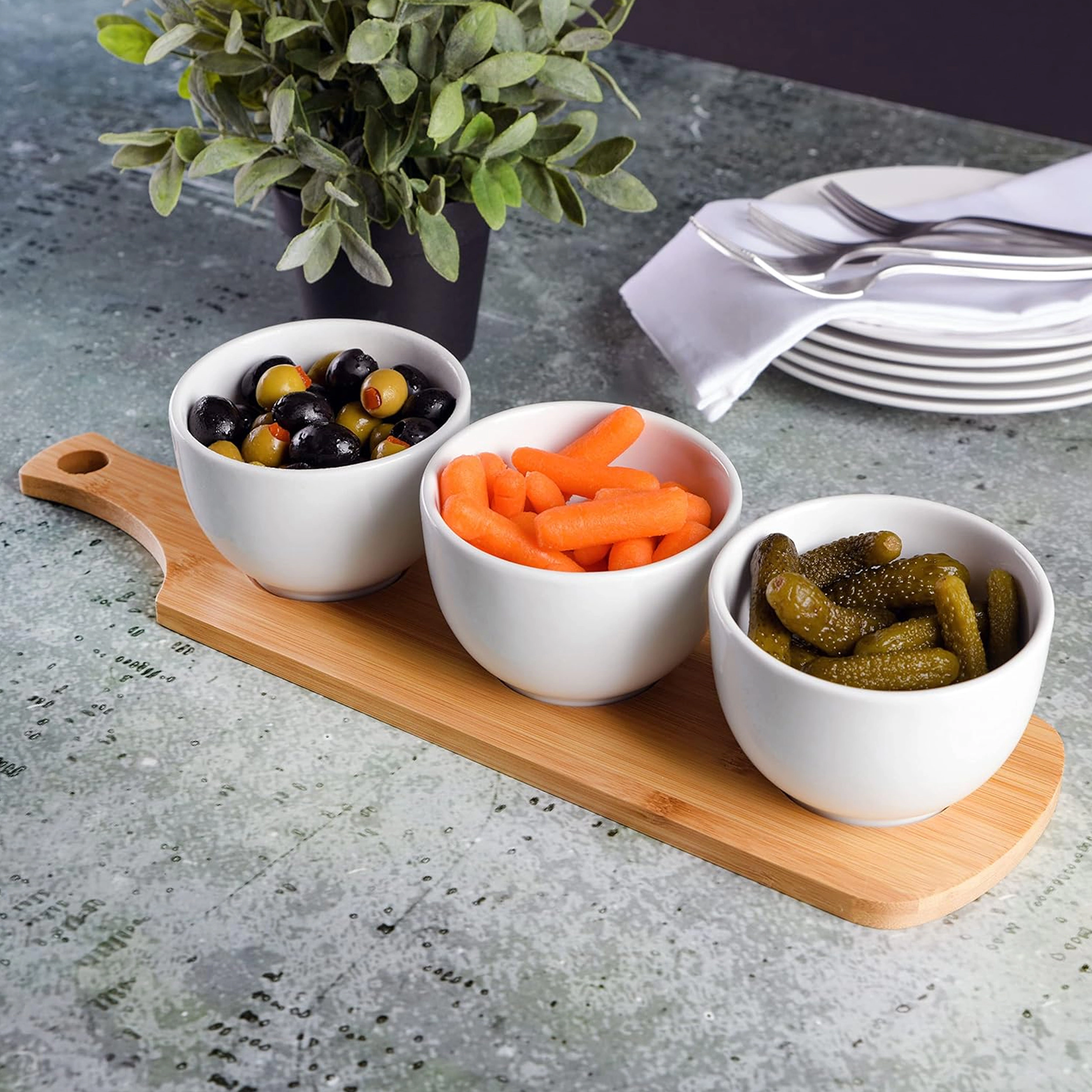 Gibson Gracious Dining 3 Piece White Fine Ceramic Tidbit Bowl Set with Bamboo Serving Tray