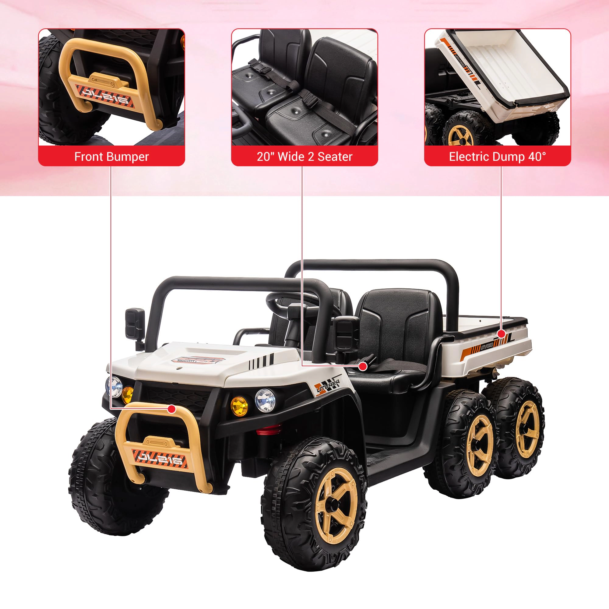 24V 6-Wheel Ride-on Dump Truck, 2-Seater 4WD Electric UTV with Remote, Dump Bed & Shovel, Music, LED