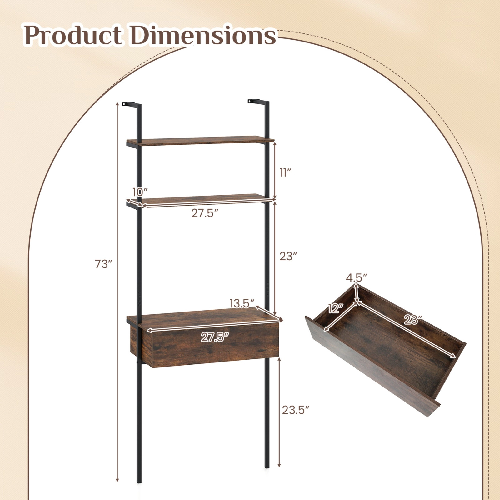 SUGIFT 4-Tier 73-in Tall Ladder Shelf Bookshelf with Drawer Metal Frame and 120-lb Capacity for Living Room