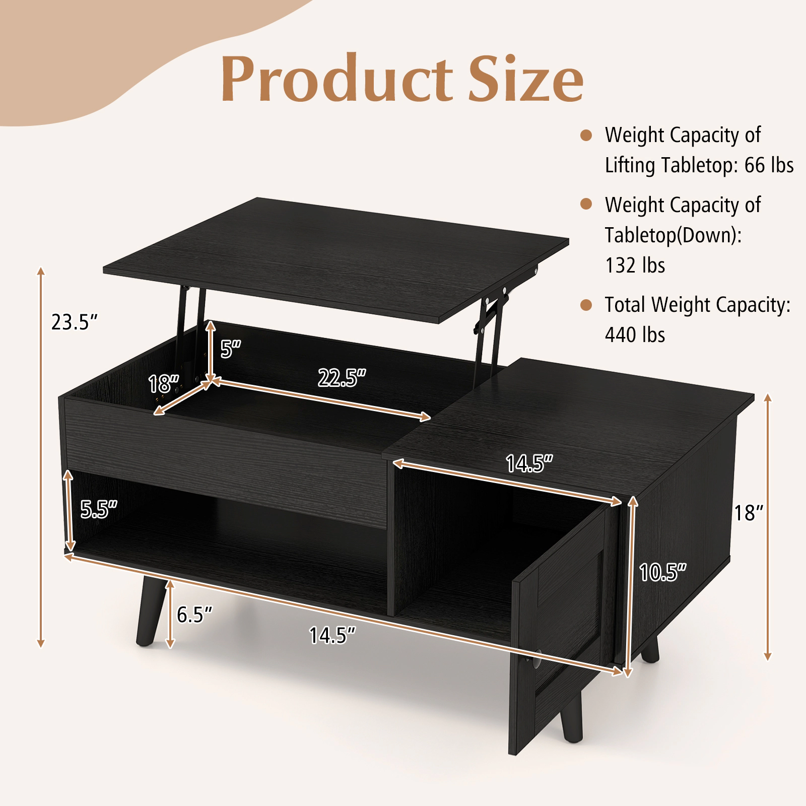 SUGIFT Gas Strut Lift Top Hidden Compartment Door Cabinet Coffee Table 39.5-in x 19.5-in x 18-in 110-lb Capacity Black