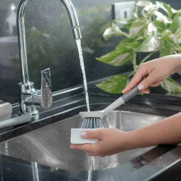 OU Cleaning Scrub Brush, Heavy Duty Cleaning Brush for Bathroom & Kitchen, Nonslip Silicone Grip Handle Built-In Scraper