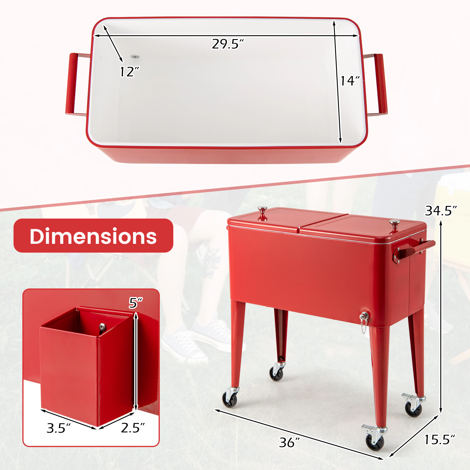 SUGIFT Insulated Rolling Outdoor Patio Cooler Cart 80-Quart 29.4-in Basin 72-Hour Cooling 35.8 x 18.3 x 33.5-in Red