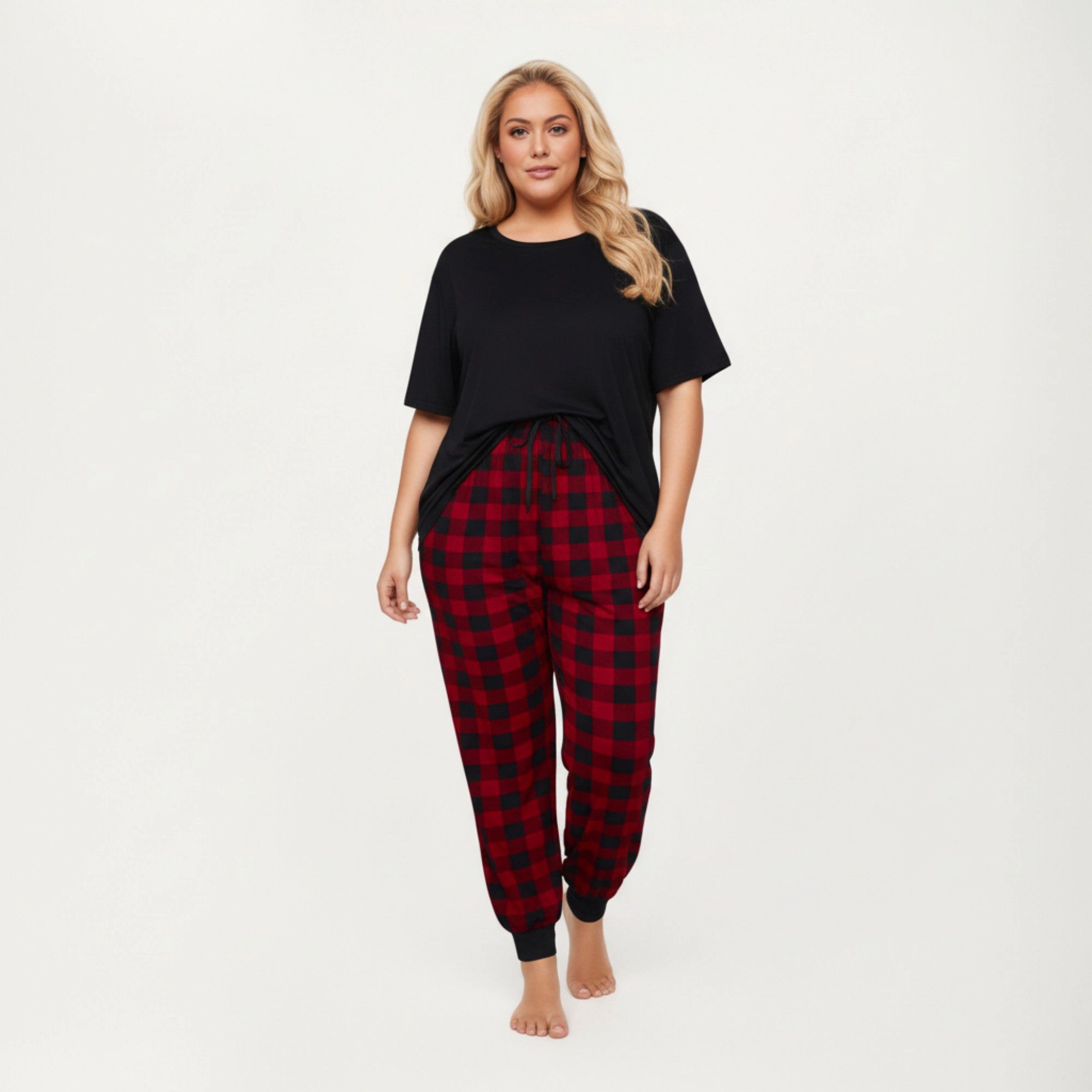 Anna-Kaci Women's 2-Piece Short Sleeve Knit Top and Plaid Jogger Pajama Pants with Soft Stretch Fabric Tapered Fit