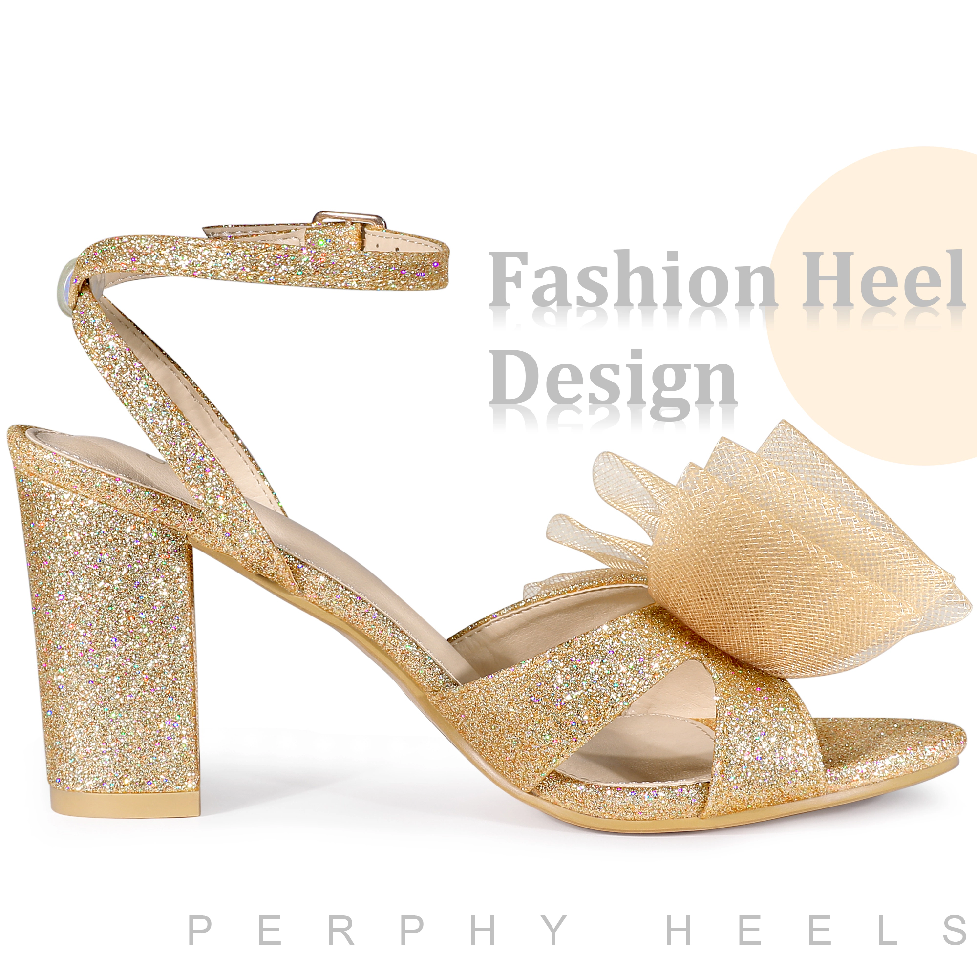 BLISSFUL STEP Womens Mesh Glitter Bow Chunky Heel Party Wedding Sandals