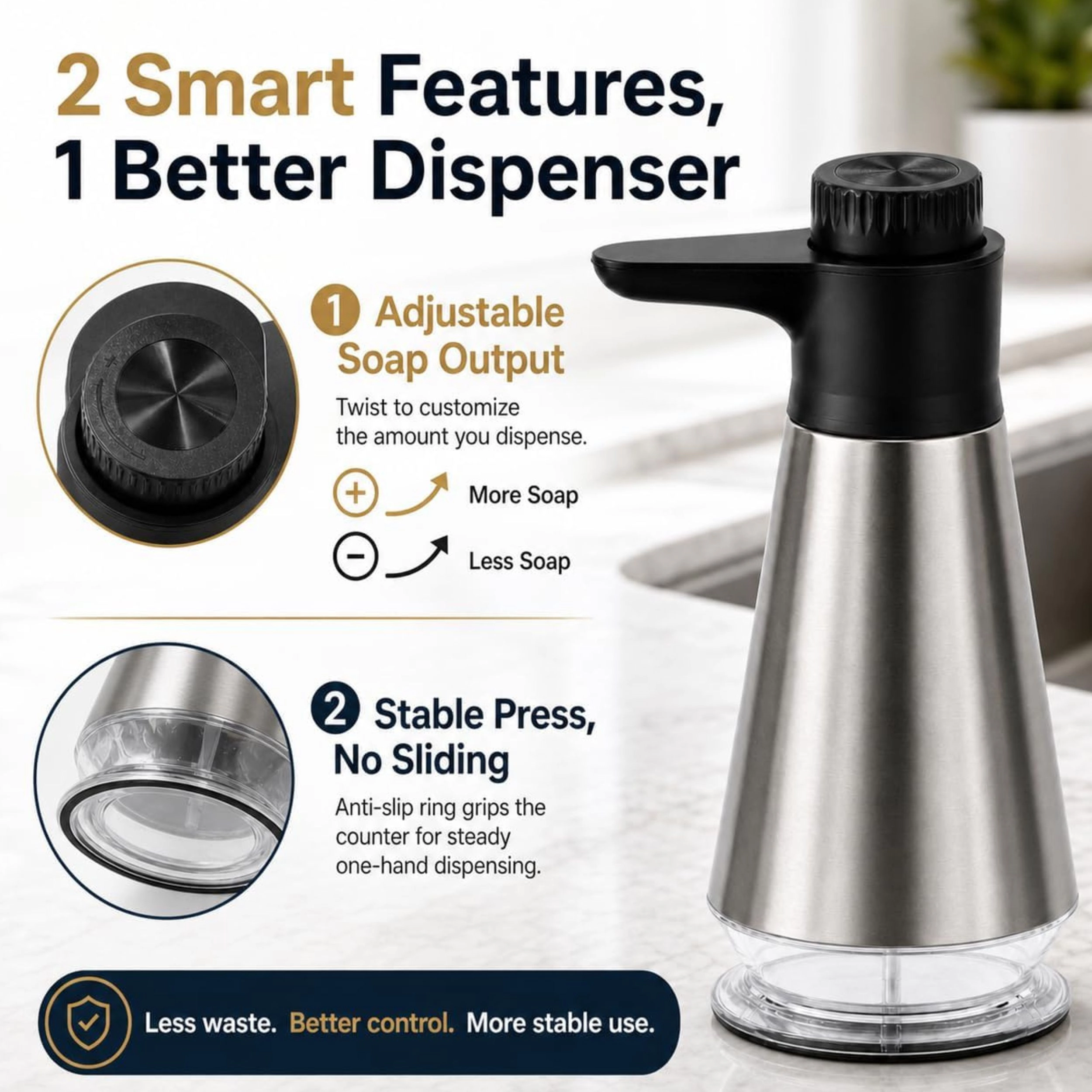 Stock Preferred Stainless Steel Adjustable Kitchen Dish Soap Dispenser