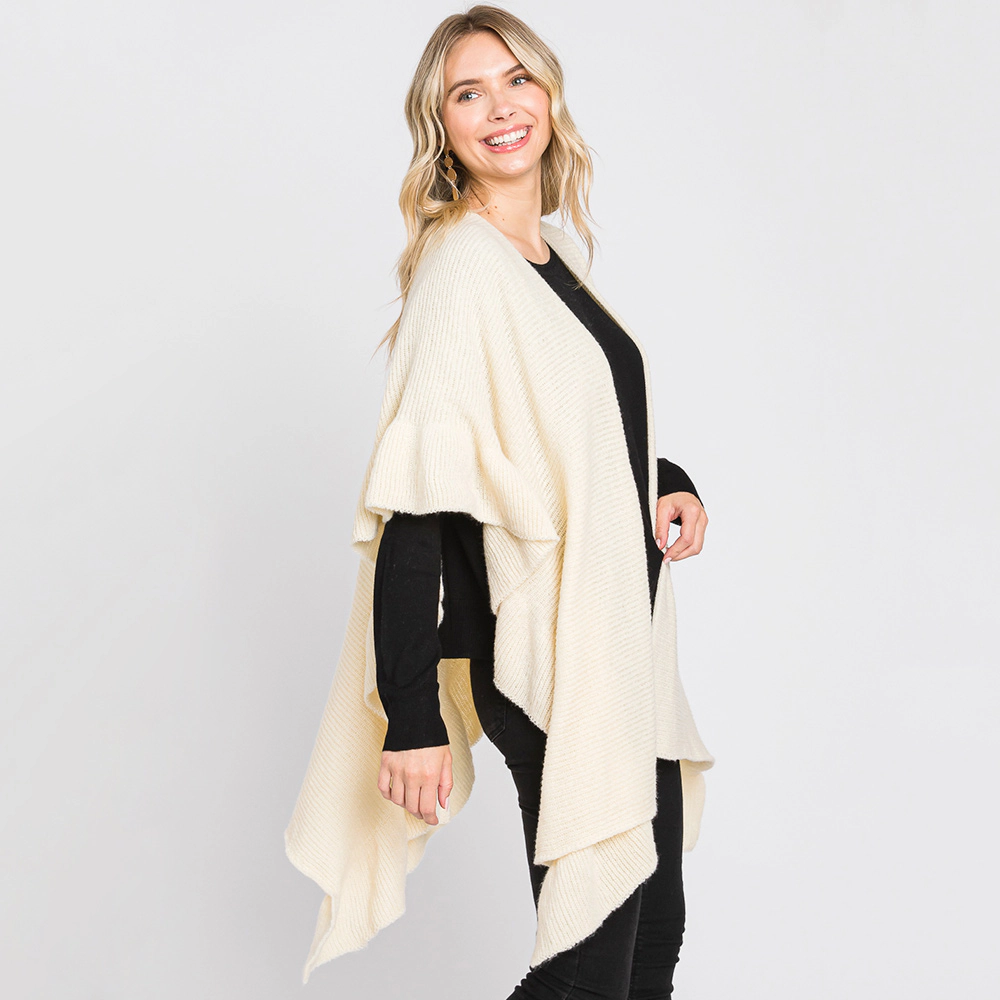 TRUEDAMES Women Solid Ruffle Knit Ruana Poncho