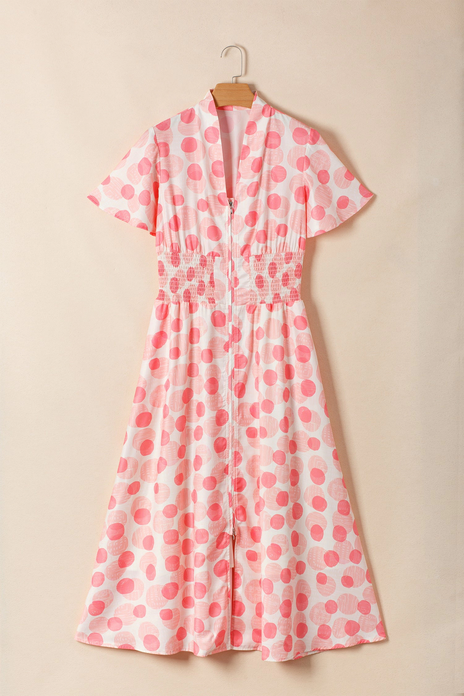 Threaded Pear Womens Talia Zip-Up Polka Dot Long Dress - Pink, Ruffled Short Sleeves