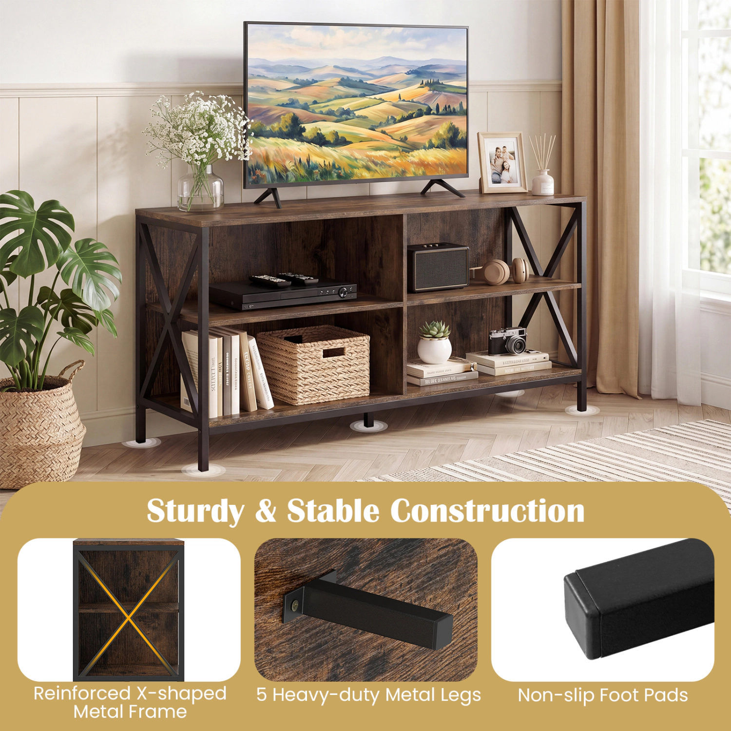 Glintex 47-Inch TV Stand with X-Shaped Frame and 5 Support Legs