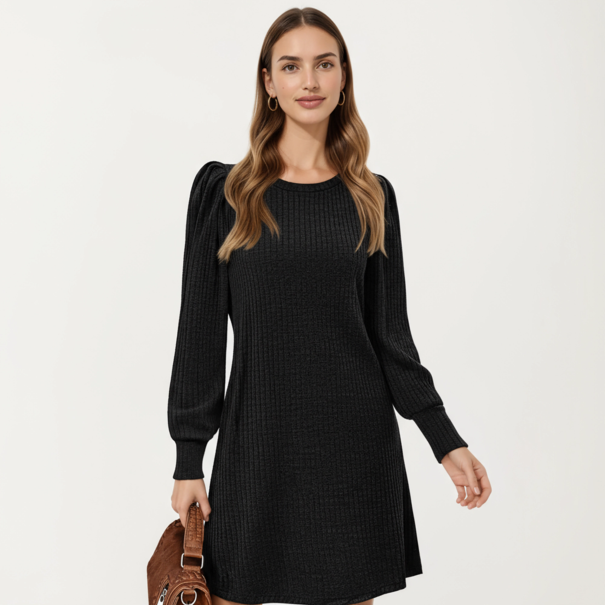 Anna-Kaci Women's Ribbed Knit Long Sleeve Puff Shoulder A-Line Dress