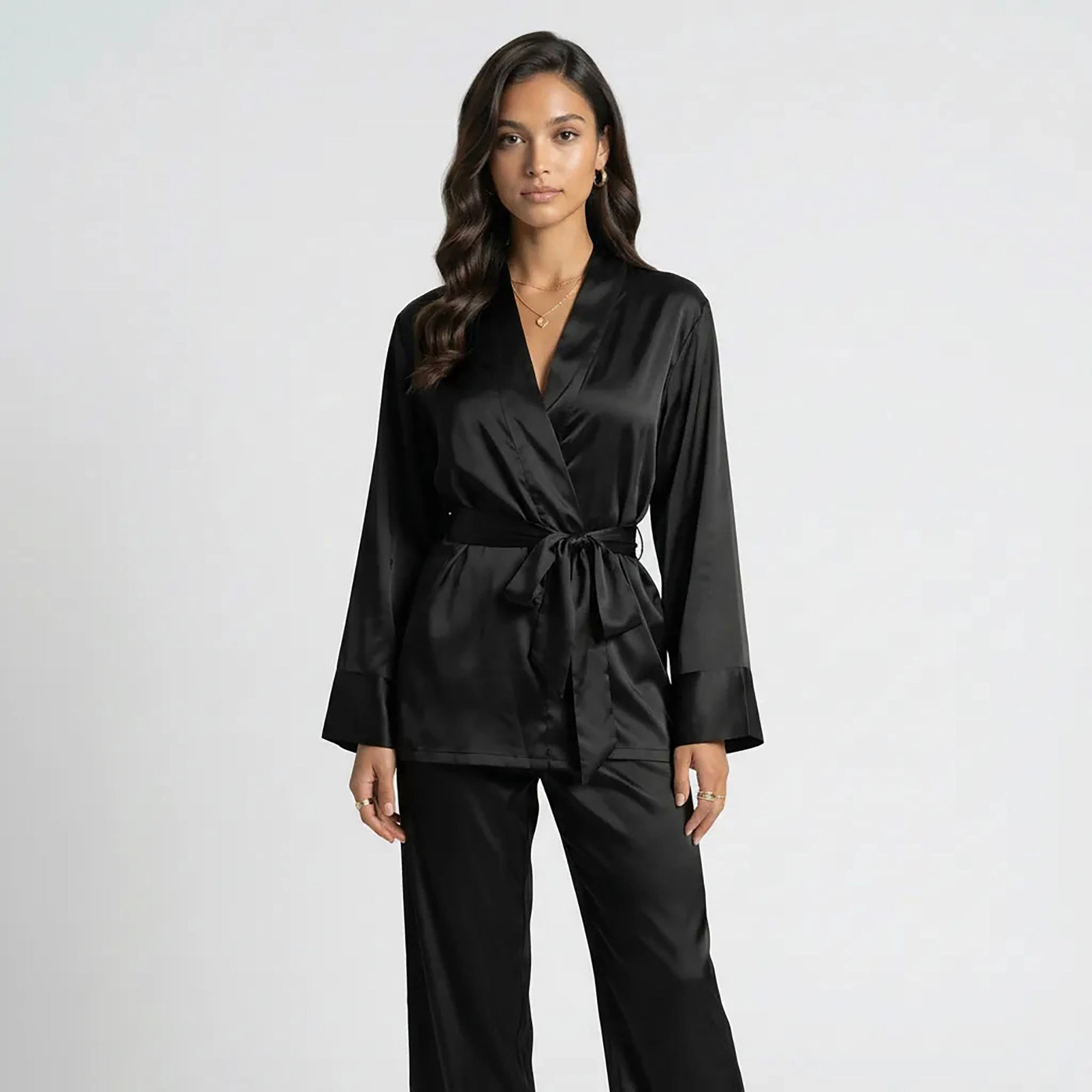 Anna-Kaci Women's 2-Piece Satin Wrap Long Sleeve Belted Top and Wide Leg Pants