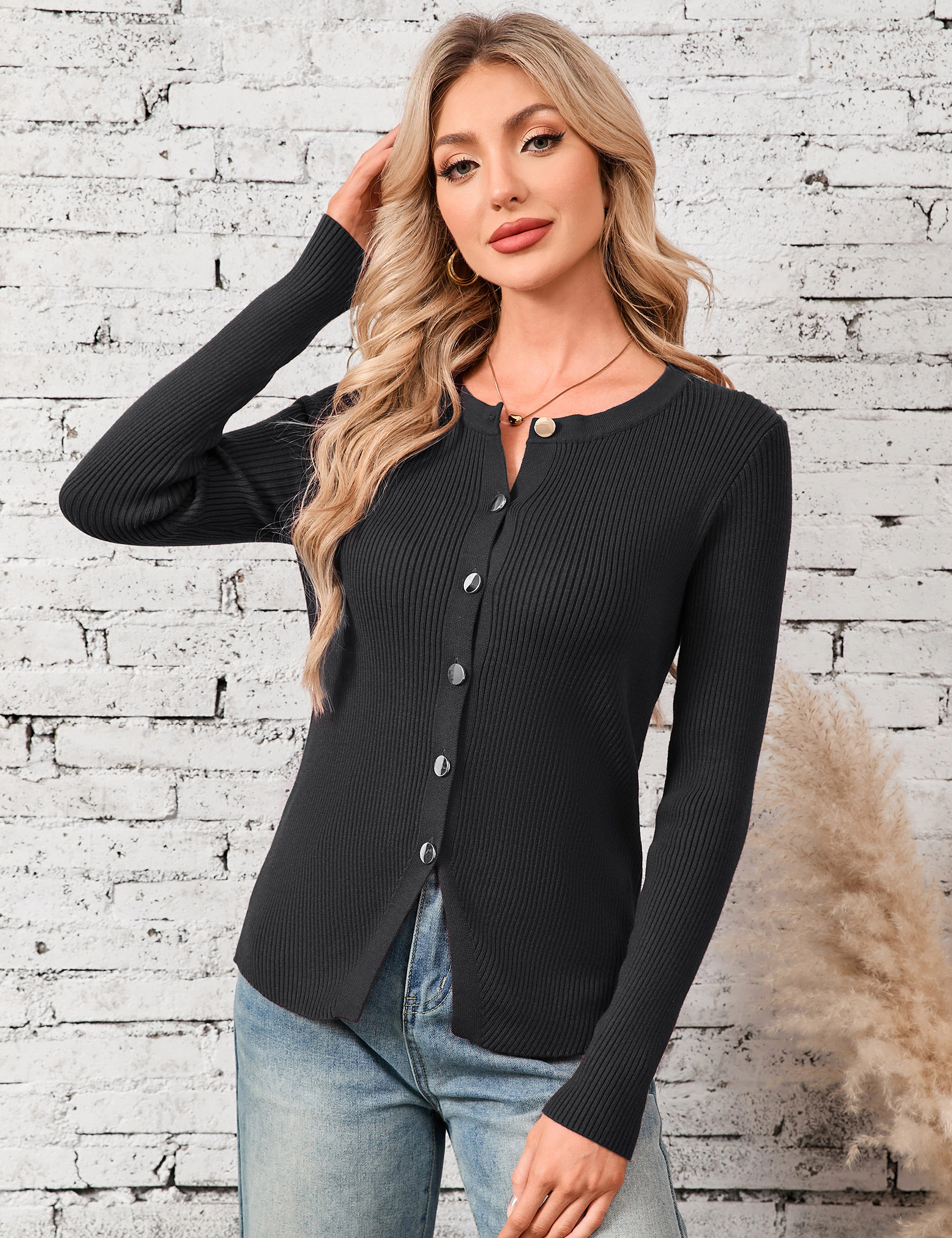 KOJOOIN Women's Ribbed Knit Cardigan Crew Neck Long Sleeve Button Down Slim Fit Top Coat