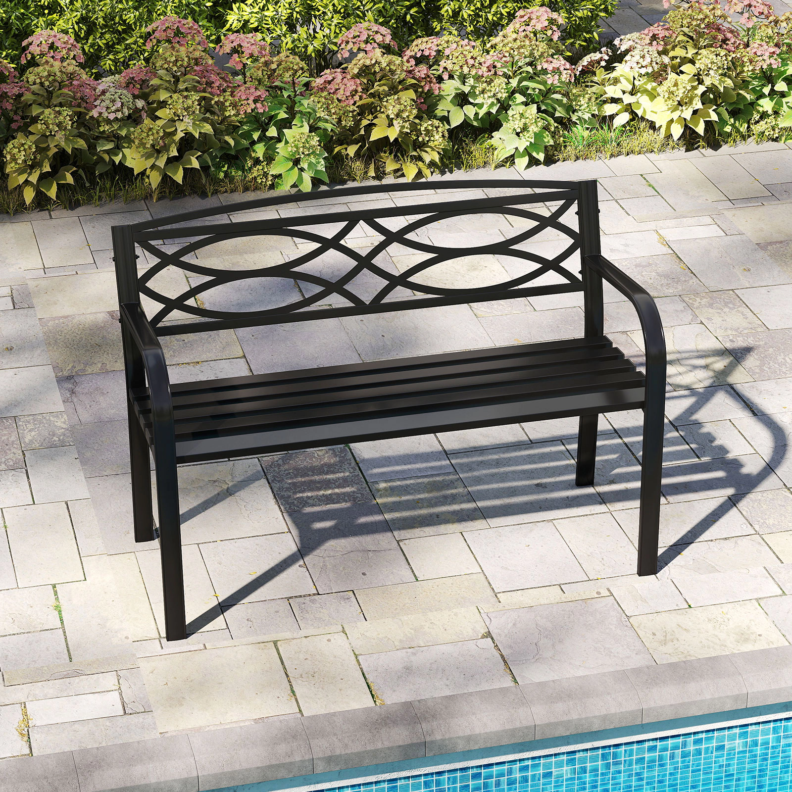 SUGIFT Reinforced Metal Garden Bench with Curved Armrests and Backrest 660-lb Capacity Black