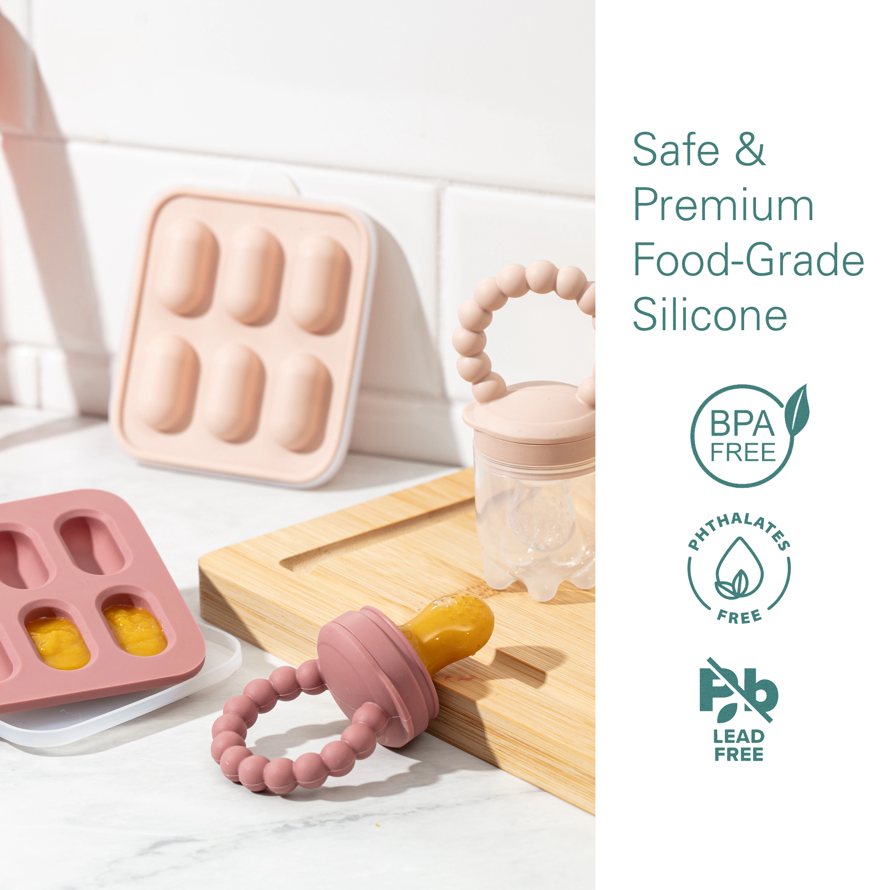 Sperric Silicone Baby Fruit Feeders Set of 2 with Freezer Tray, Extra Pouches & Travel Lids for Safe Batch Prep