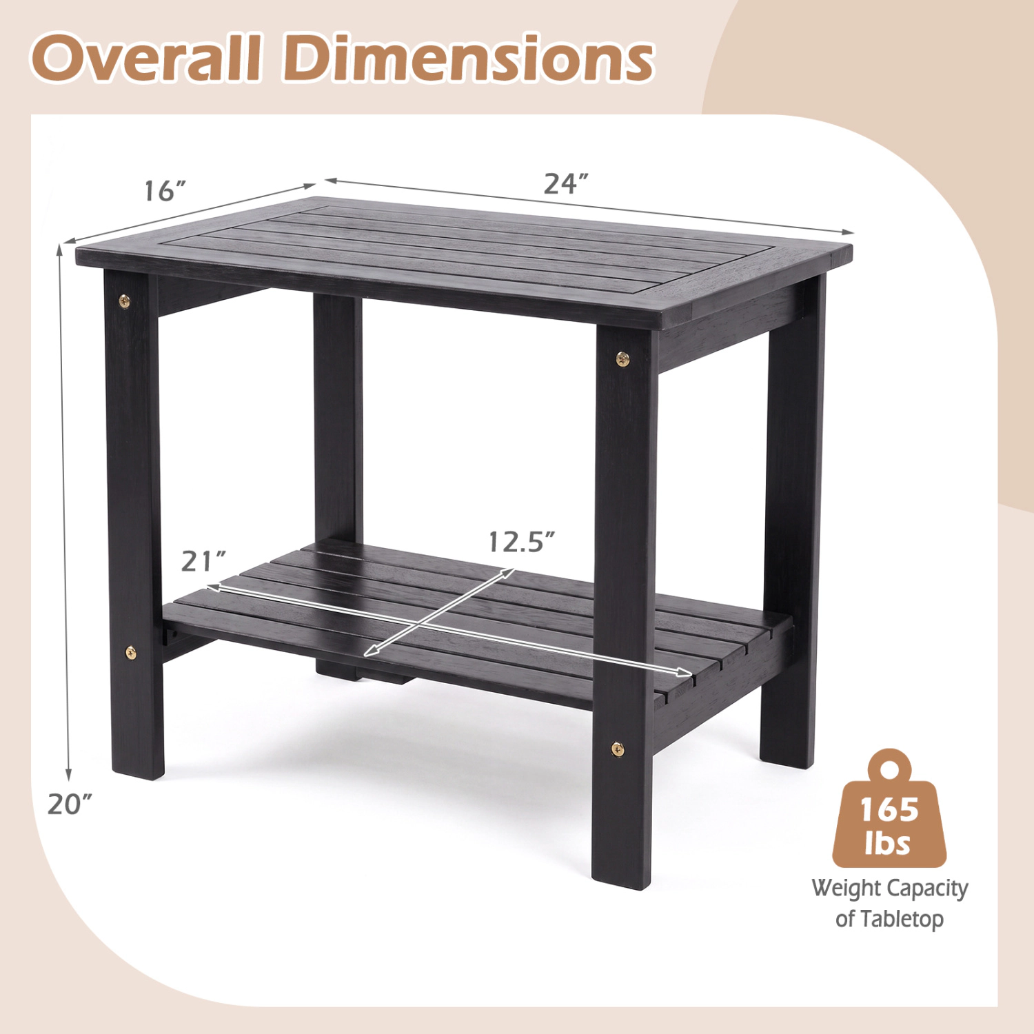 LJG 2-Tier Wood Patio End Table with Slatted Tabletop and Storage Shelf for Backyard