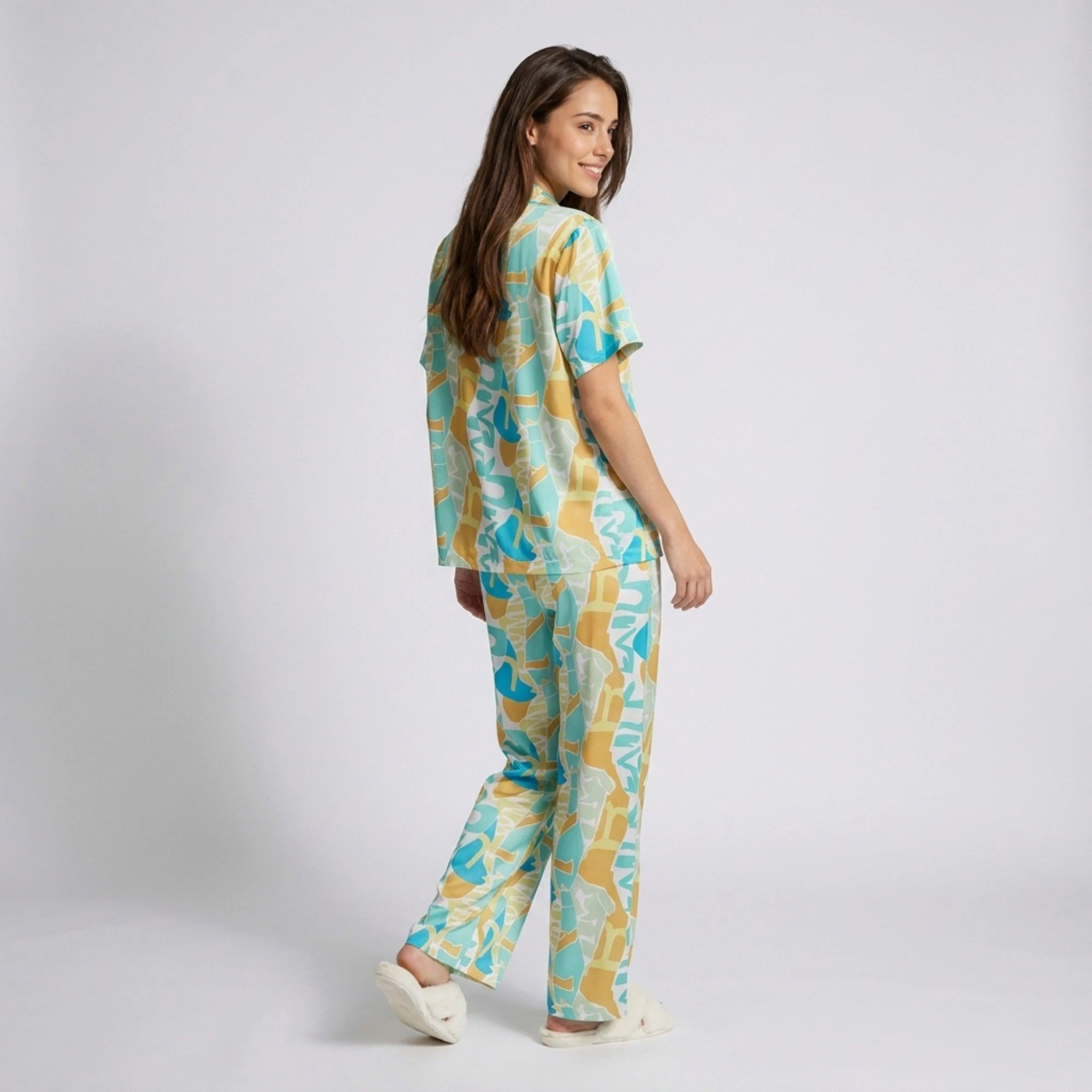 Anna-Kaci Women's 2-Piece Abstract Print Pajama Set with Short Sleeve Button Top and Wide Leg Pants