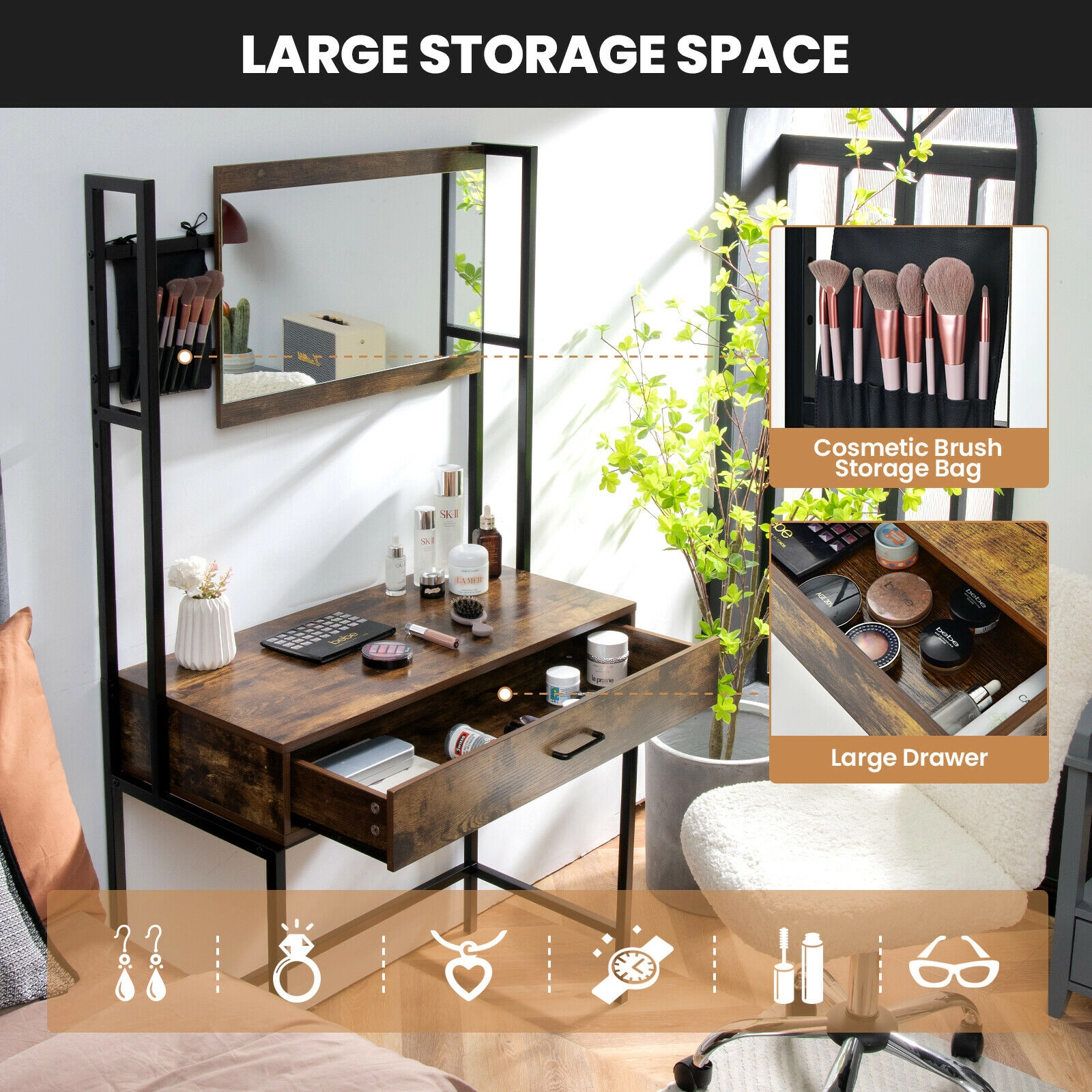 SUGIFT Industrial Vanity Table Brown with 3-Height Adjustable Mirror and Metal Frame
