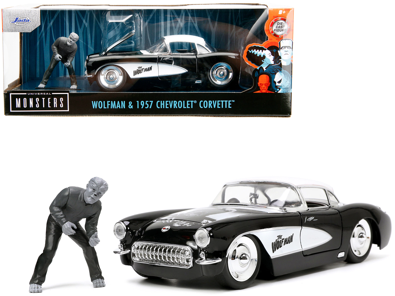 Jada 1957 Chevrolet Corvette Black with White Top and Wolfman Diecast Figure "Universal Monsters" "Hollywood