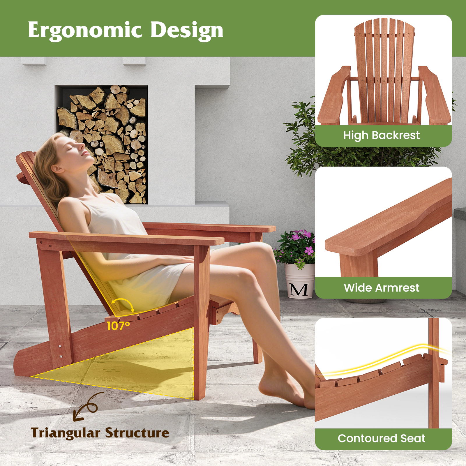 SUGIFT Solid Wood Adirondack Chair, 400-lb Capacity, 107-Degree High Backrest, Natural
