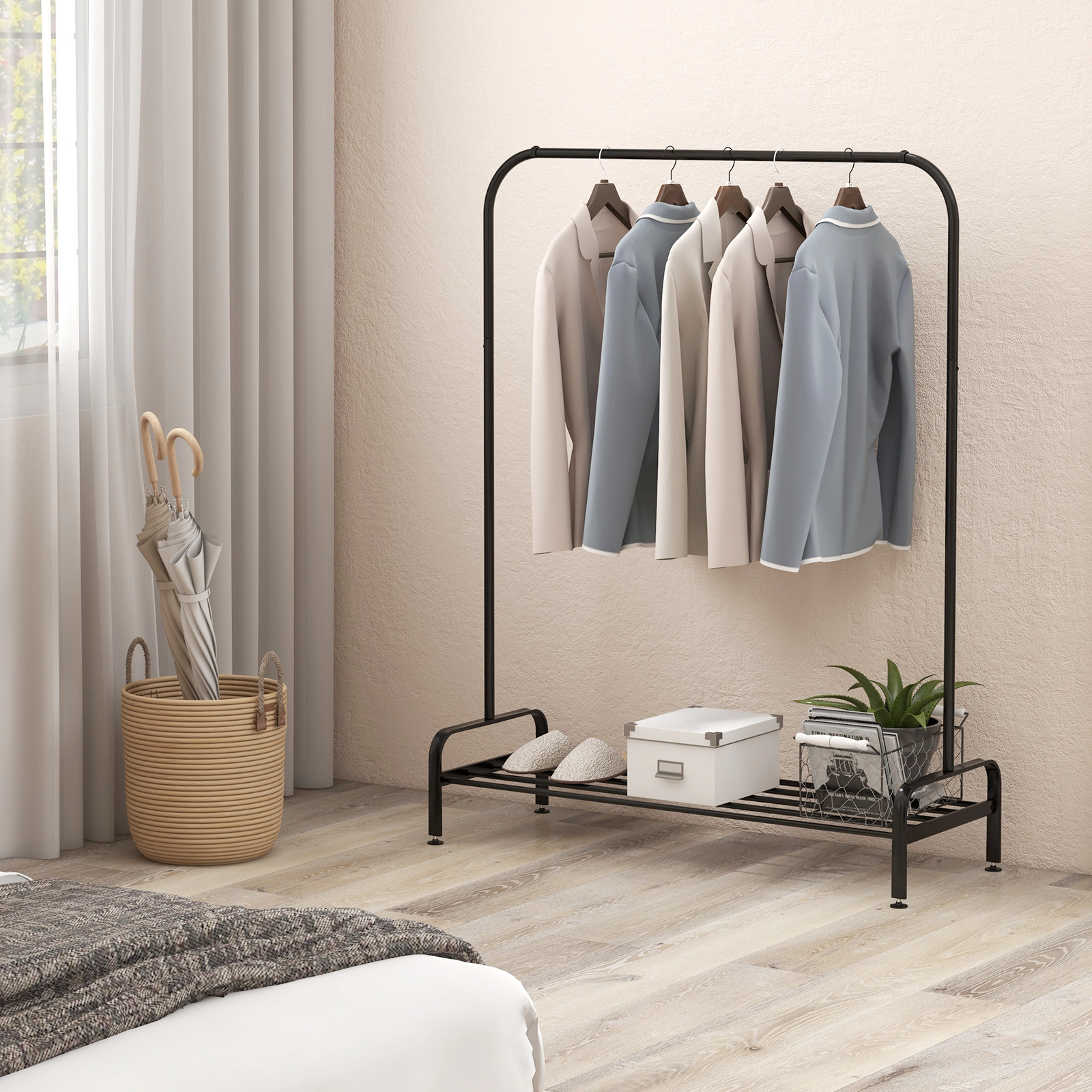 SUGIFT Heavy Duty Metal Clothes Stand Garment Rack with Top Rod and Lower Storage Shelf 44-lb Rod 22-lb Shelf Black