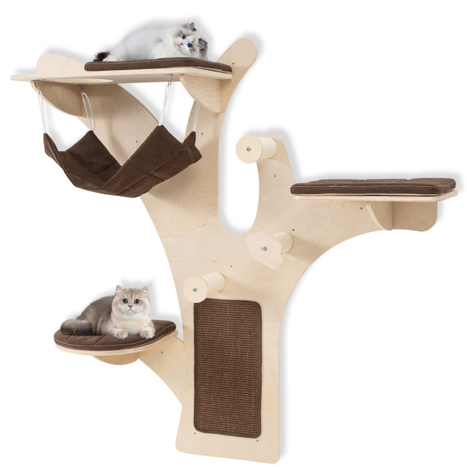 SUGIFT Wall-Mounted Plywood Cat Tower with Hammock, Perches and Scratching Mat 33-lb Capacity Natural+Brown