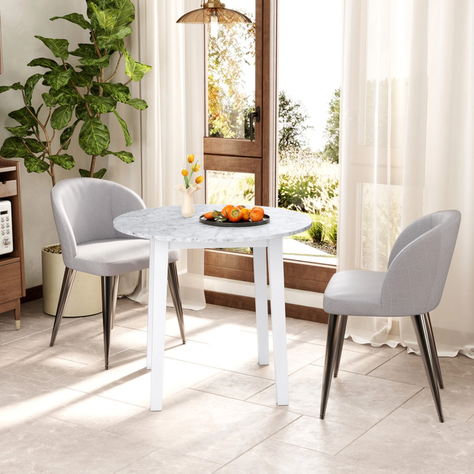 SUGIFT 35-in Round 286-lb Capacity Dining Table with Marble-Textured Veneer Tabletop and Rubber Wood Legs