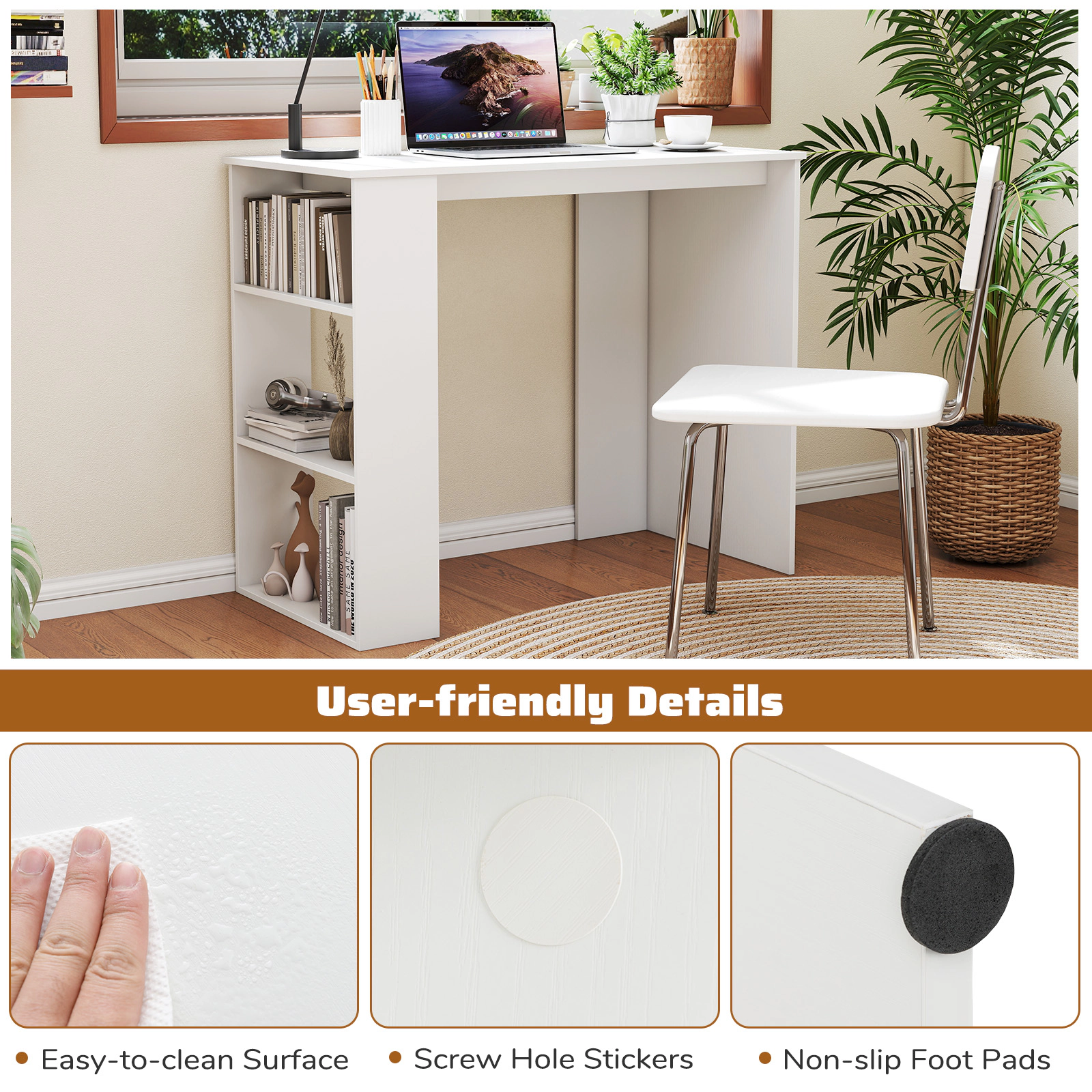 SUGIFT 35.5 in Computer Desk White with Side Bookshelf for Small Spaces