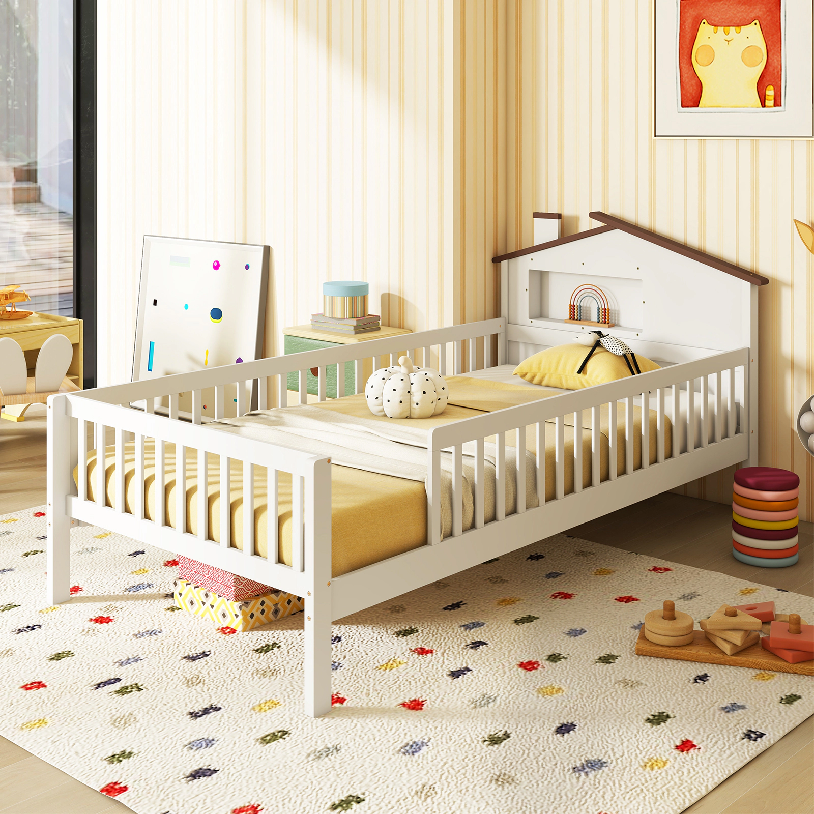 LJG Twin Size Kids Montessori Bed with House-Shaped Headboard and Built-in Storage Shelf