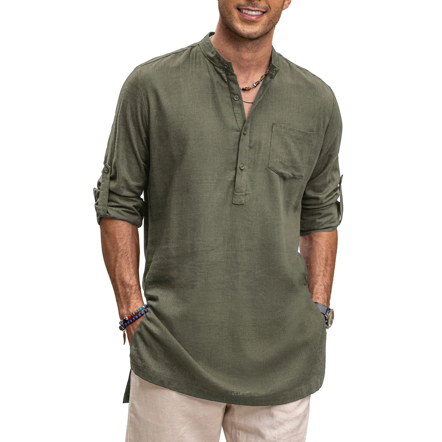 COOFANDY Mens Casual Henley V Neck Long Sleeve Shirt Button Roll Tab Pocket Tunic