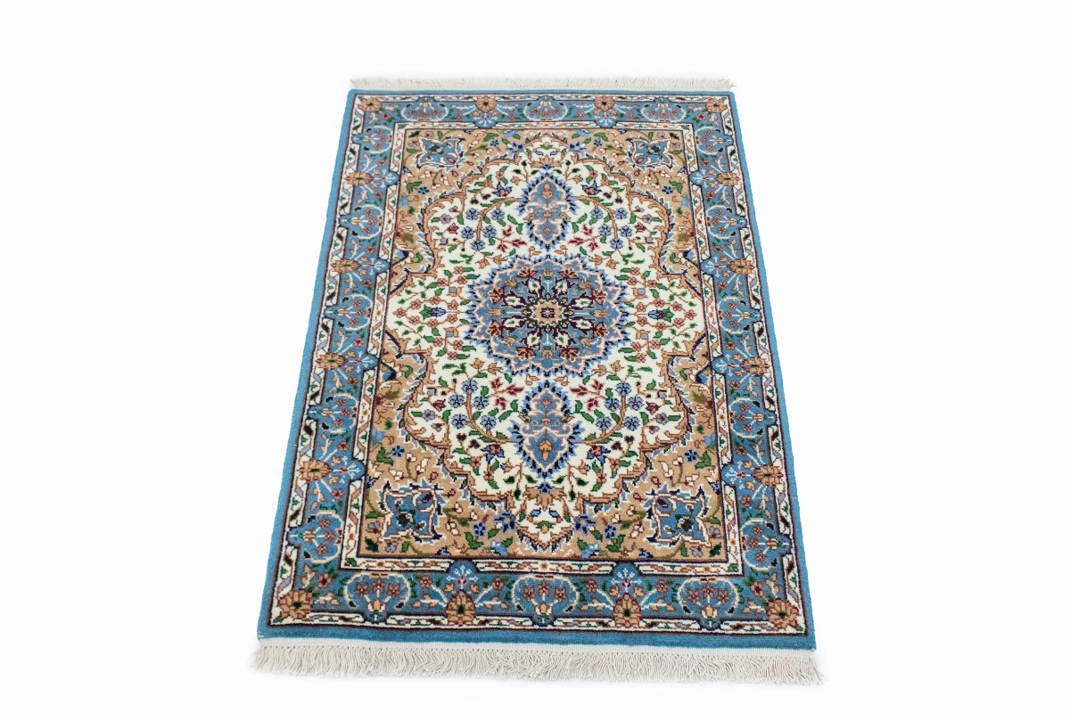 Magic Rugs 2'7 x 3'10 Cream & Blue Kirman Hand Knotted Floral Wool Rug