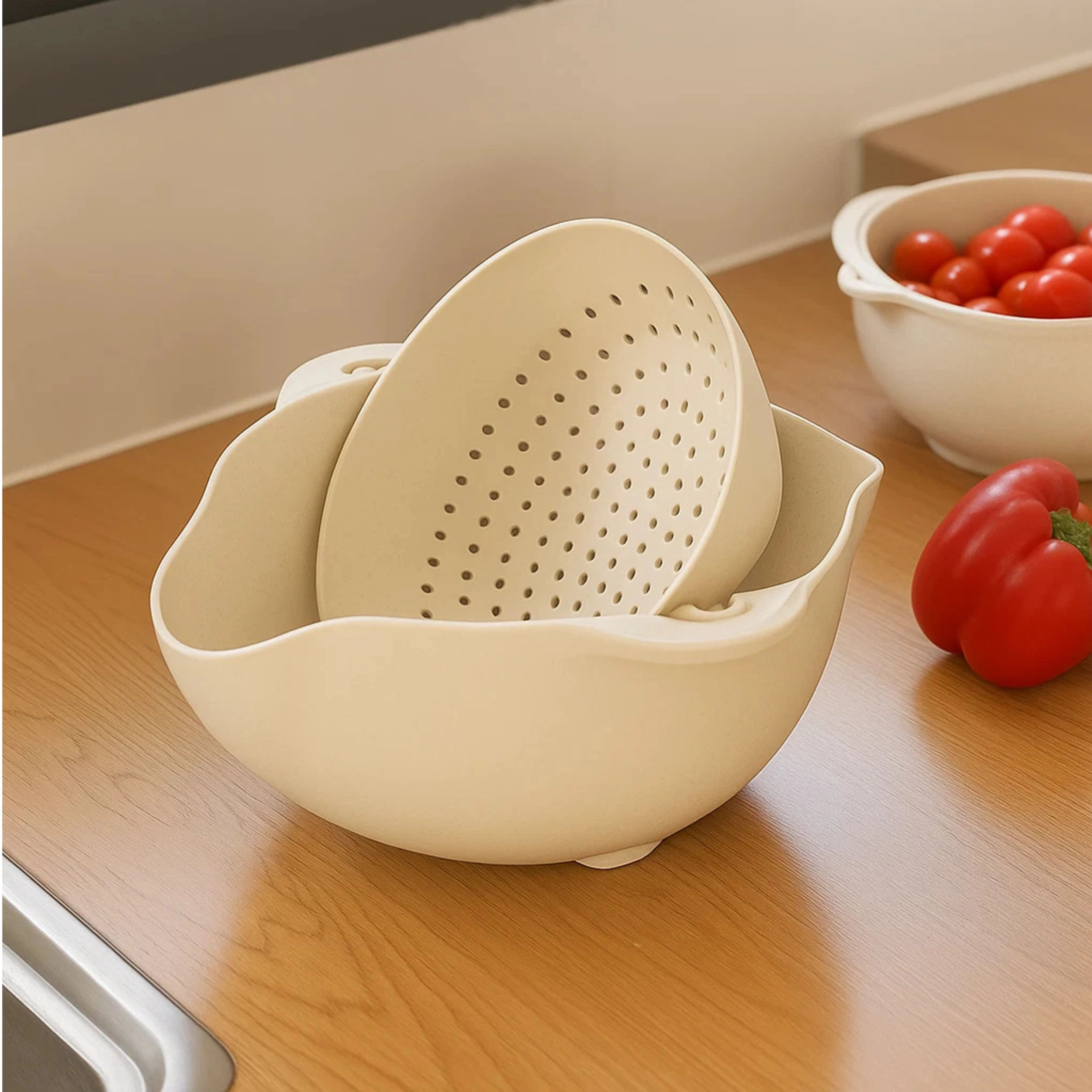 Home Collection 2-in-1 Rinse & Drain Bowl Colander Set with Rotating Strainer