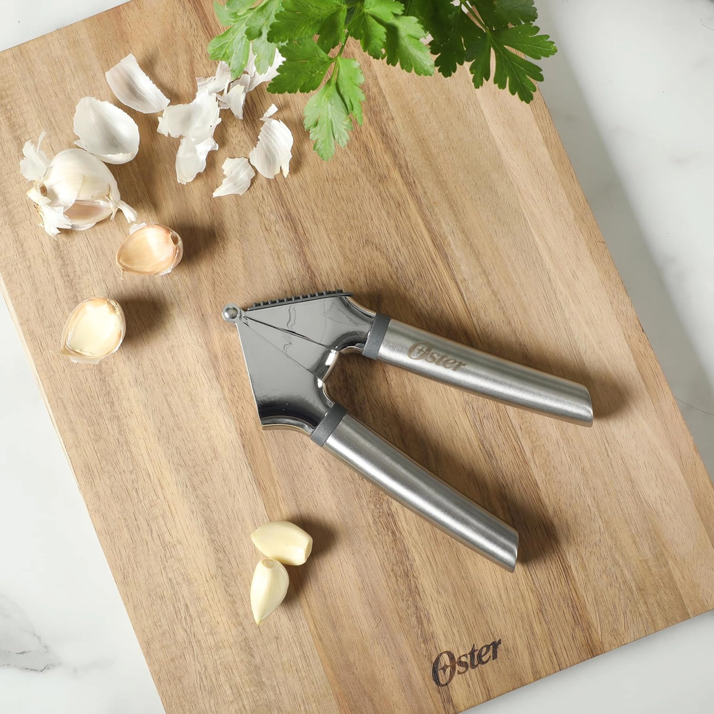 Oster Chadswyck 7.7 Inch Stainless Steel Garlic Press in Silver