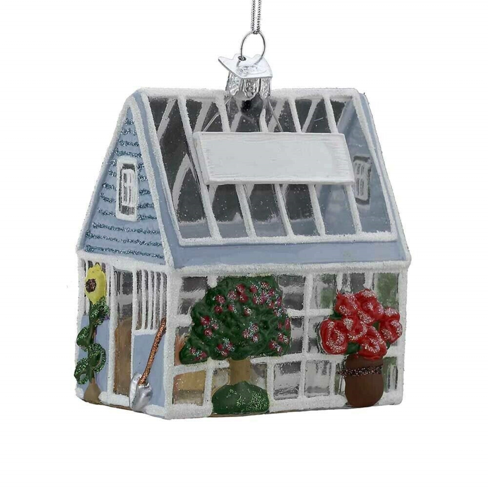 Kurt Adler Noble Gems Greenhouse with Plants and Flowers Glass Christmas Tree Ornament 3.25 inch