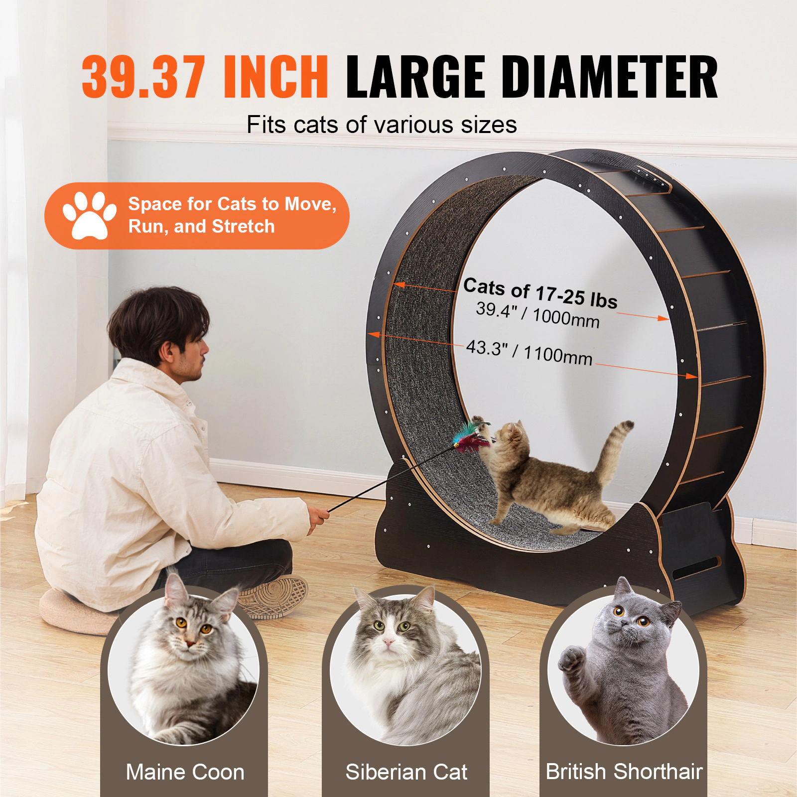 HONGGE 43.3-Inch Wooden Cat Exercise Wheel for Cats Up to 25 lbs, Quiet Indoor Running Wheel, Black