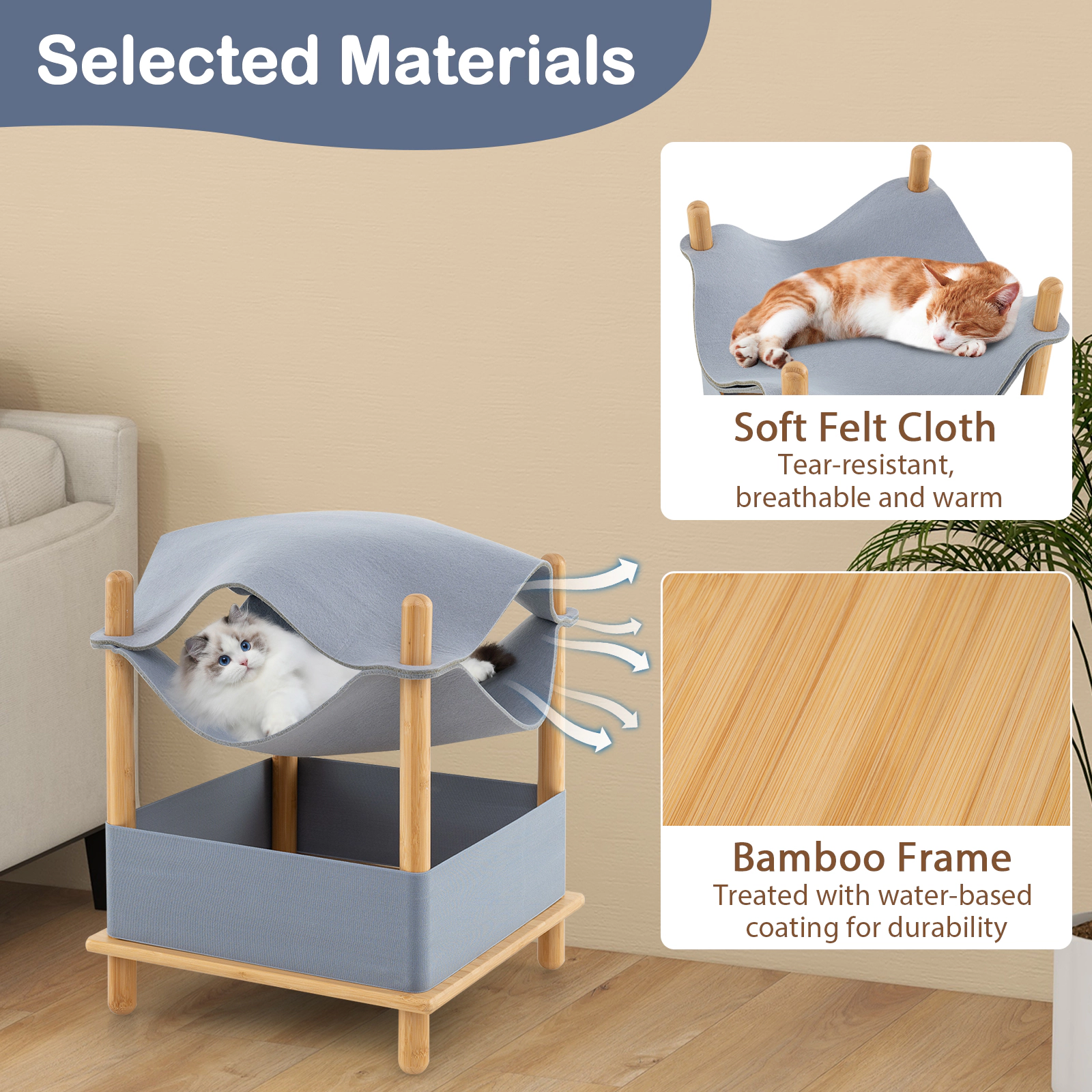 Glintex 2-Tier Bamboo Cat House with Convertible Hammock Top and Storage Shelf, Gray