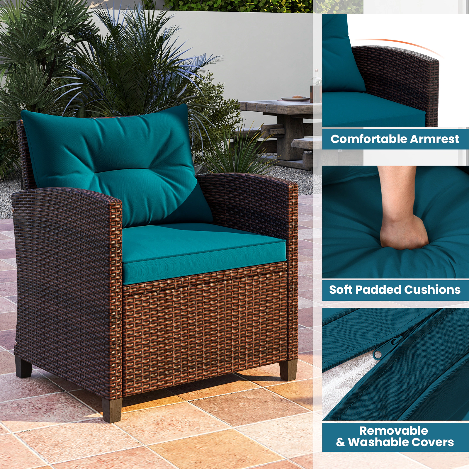 SUGIFT 3-Piece Rattan Patio Conversation Set with Steel Frame 360-lb Chair Capacity 26.5-in Chairs Peacock Blue