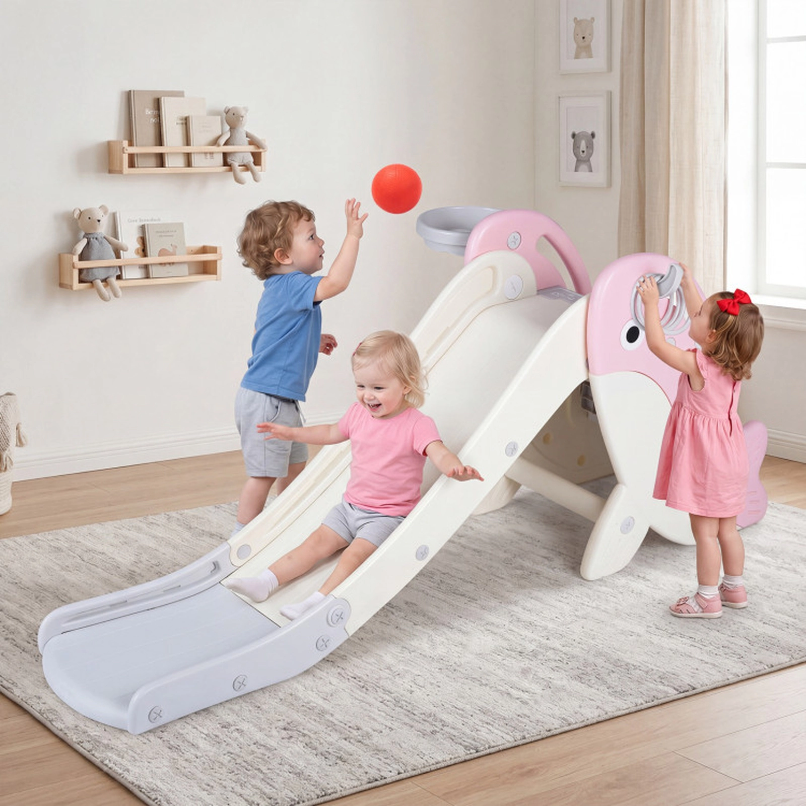 SUGIFT Pink Basketball Hoop and Rings Foldable Freestanding Baby Slide Climber Playset