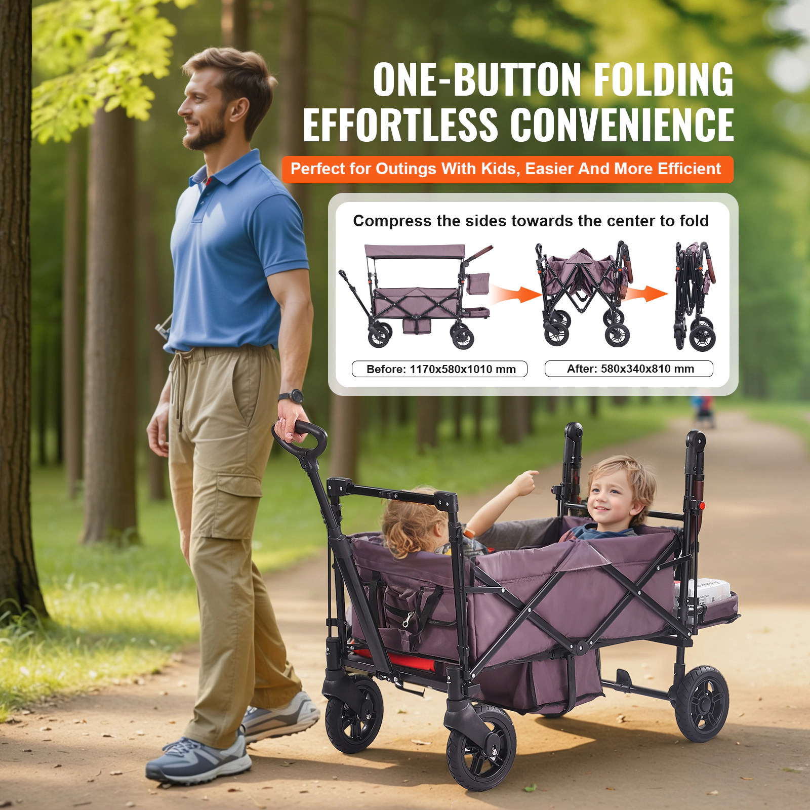 HONGGE Foldable Wagon Stroller for 2 Kids with Removable Canopy, Adjustable Handle & Wheel Brakes, Dark Purple