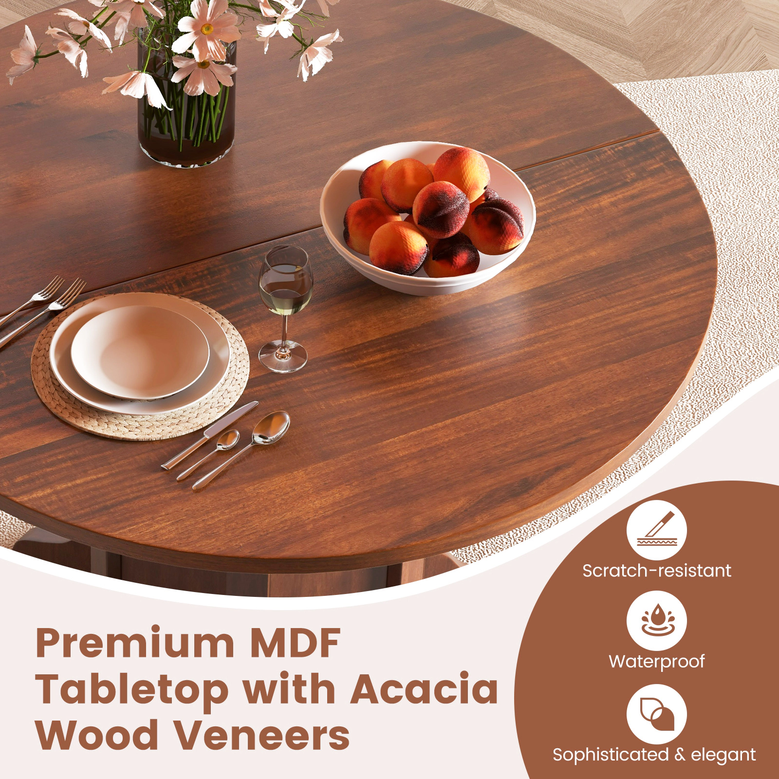 SUGIFT 42-Inch Walnut Round Pedestal Dining Table, 1-Inch Waterproof Top, Seats 4 to 6