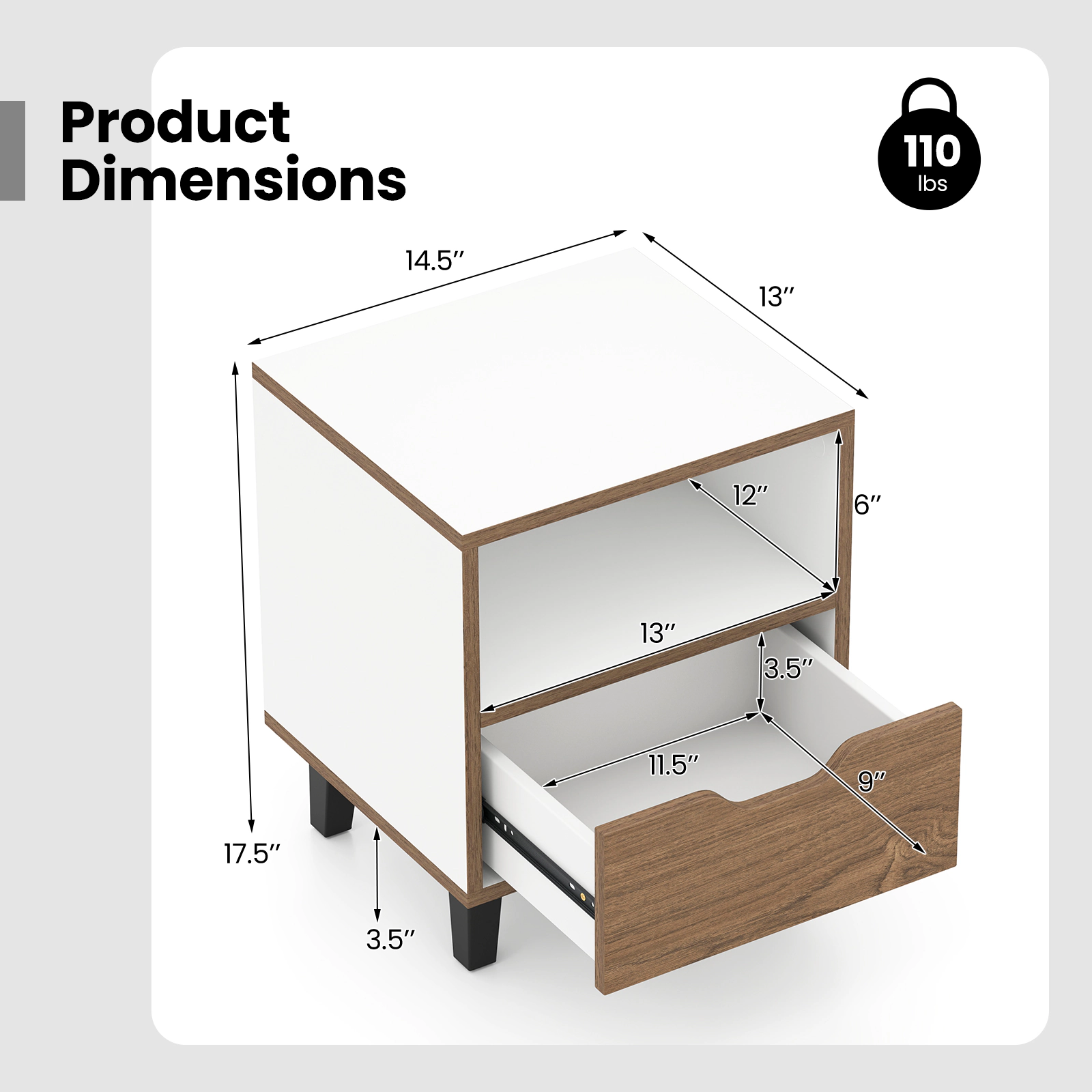 Hivvago Nightstand with Drawer and Open Storage Shelf for Bedroom