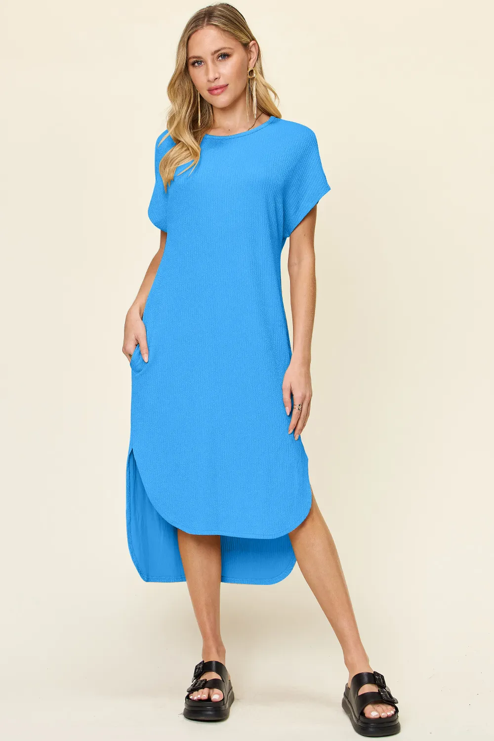 TRUEDAMES Women Full Round Neck Short Sleeve Slit Dress