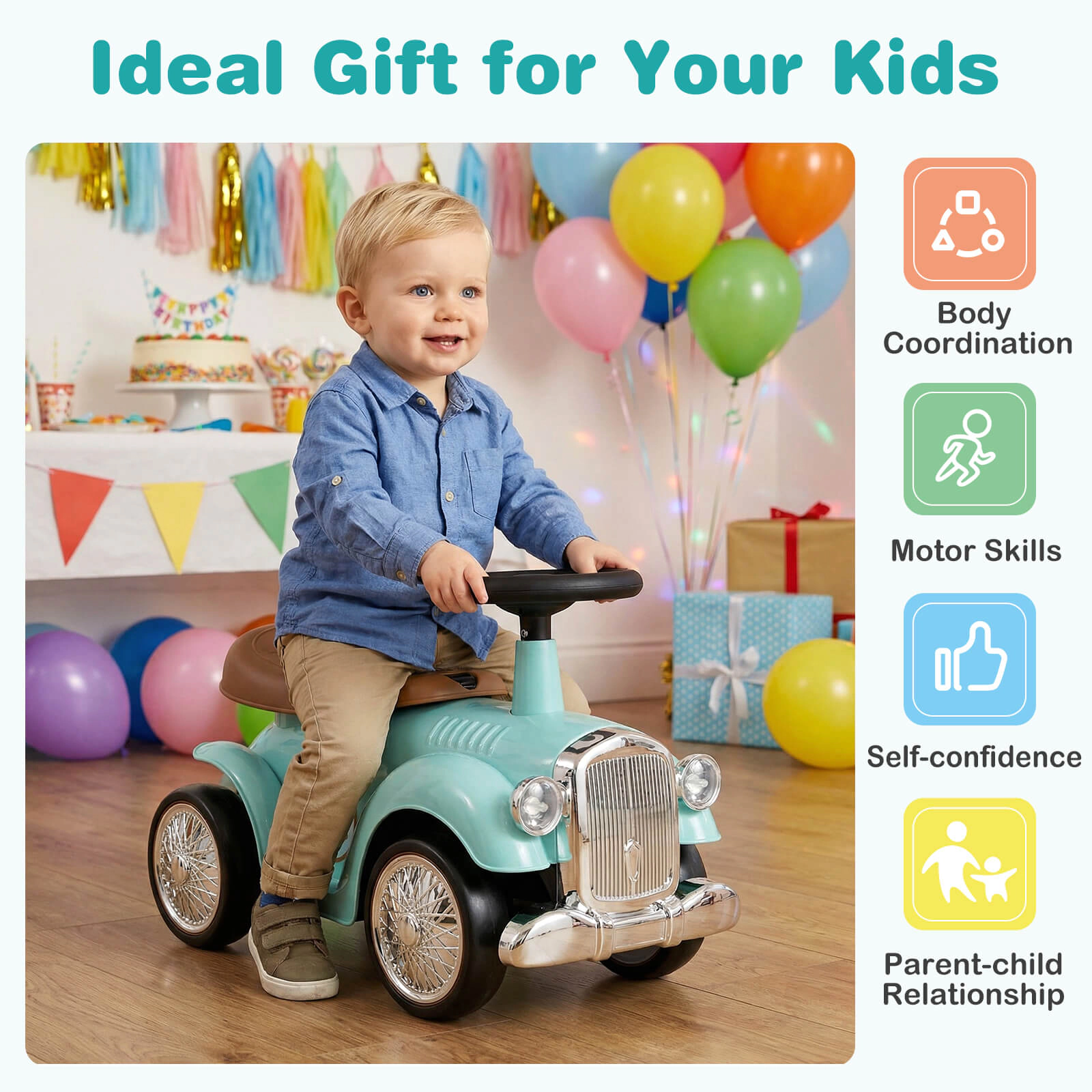 Costway Retro Kids Ride-on Toy Sit to Stand Vehicle with Working Steering Wheel Pink
