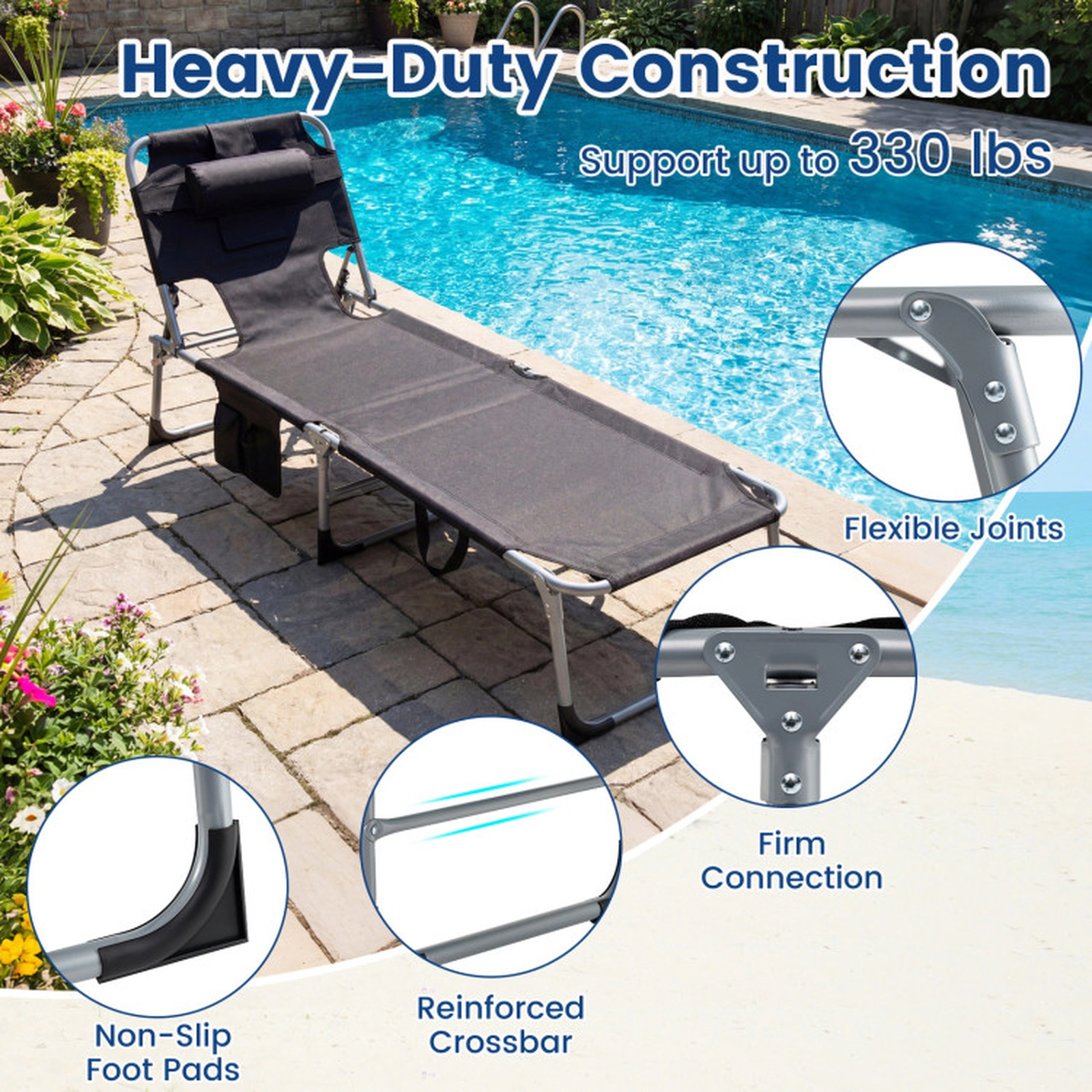 SUGIFT Adjustable Folding Tanning Chair with Face and Arm Holes 330-lb Capacity Black