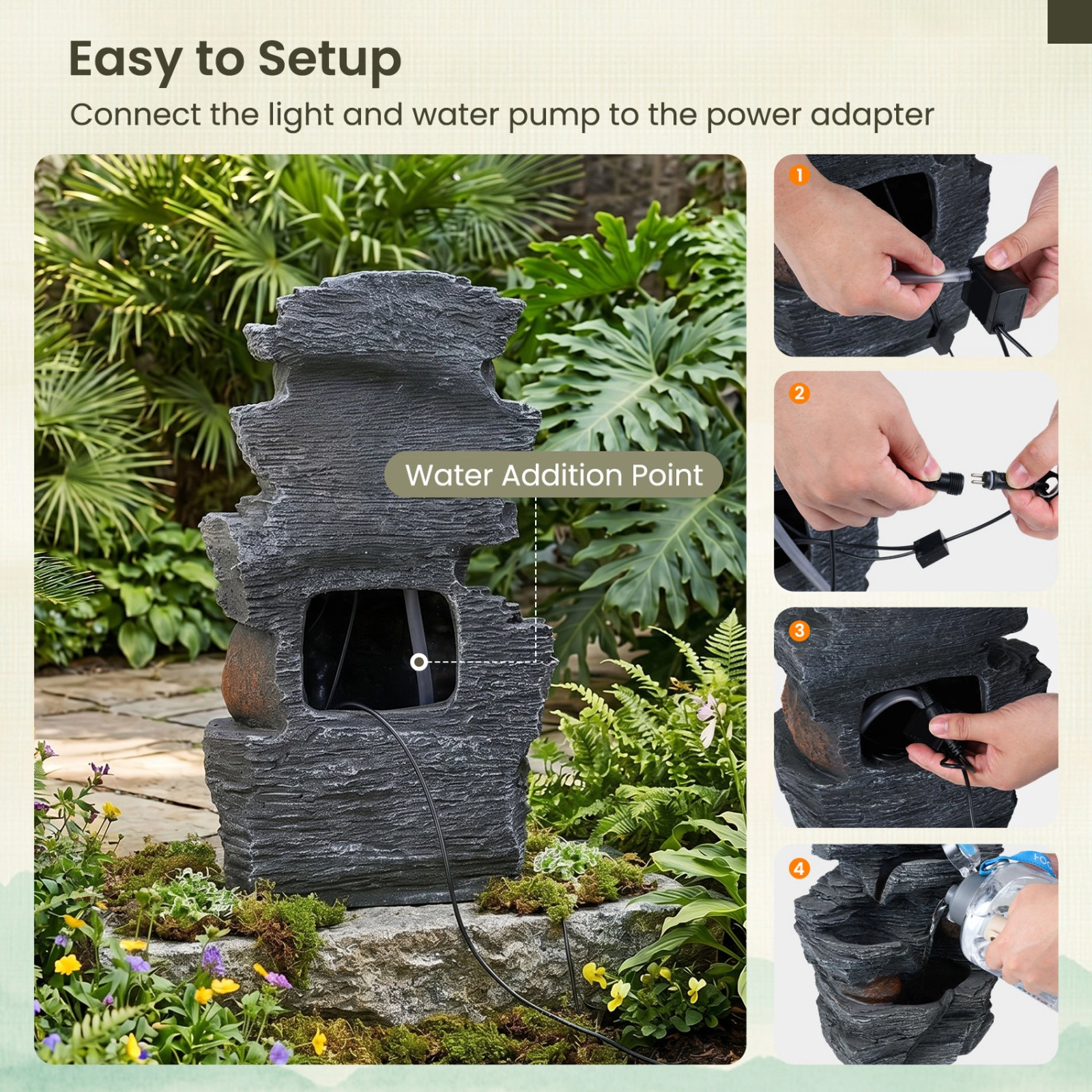 SUGIFT 5-Tier Tabletop Cascading Rock Water Fountain with LED Lights and Pump 18-in Tall Resin Fiberglass Gray