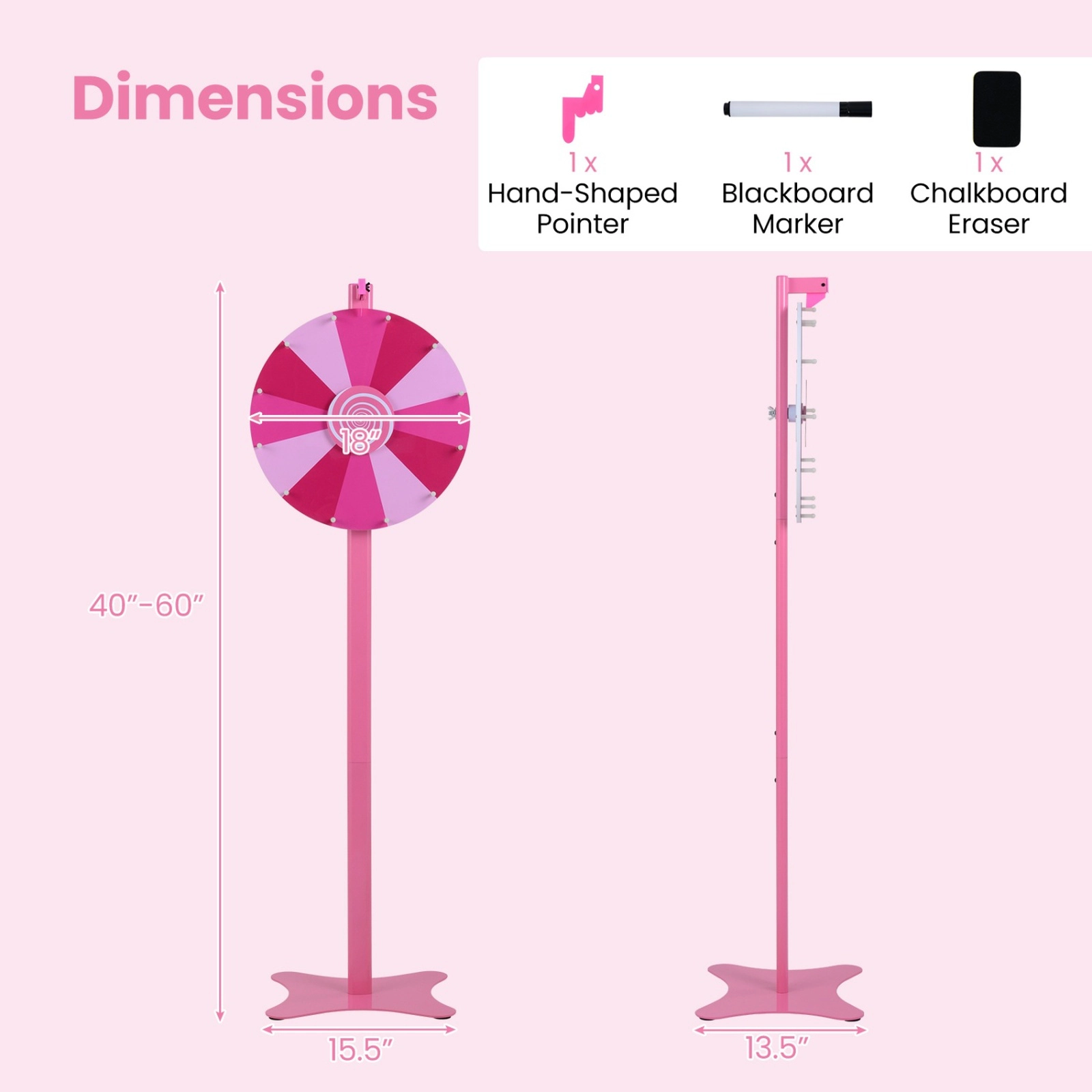 SUGIFT 18-In Prize Wheel Game with Blackboard Marker and Eraser Adjustable Floor or Table Use Pink