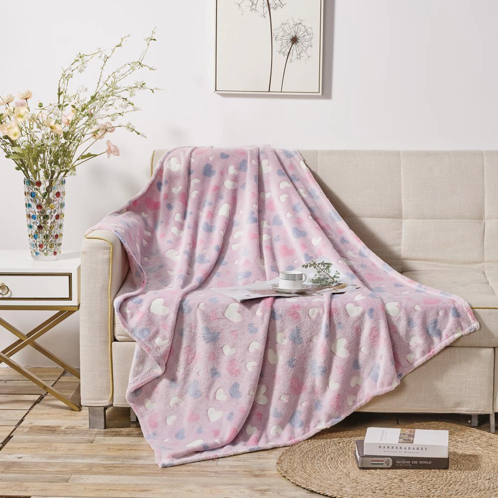 Plazatex Pink Hearts Soft & Cozy Glow in the Dark Throw Blanket Ideal for Bedroom & Living Room Decor 50"x60" Pink