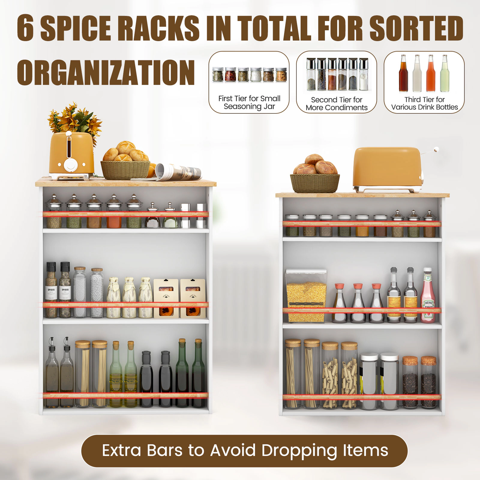 SUGIFT Modern Kitchen Island Prep Table with Rubber Wood Countertop 6 Spice Racks and Storage Shelves