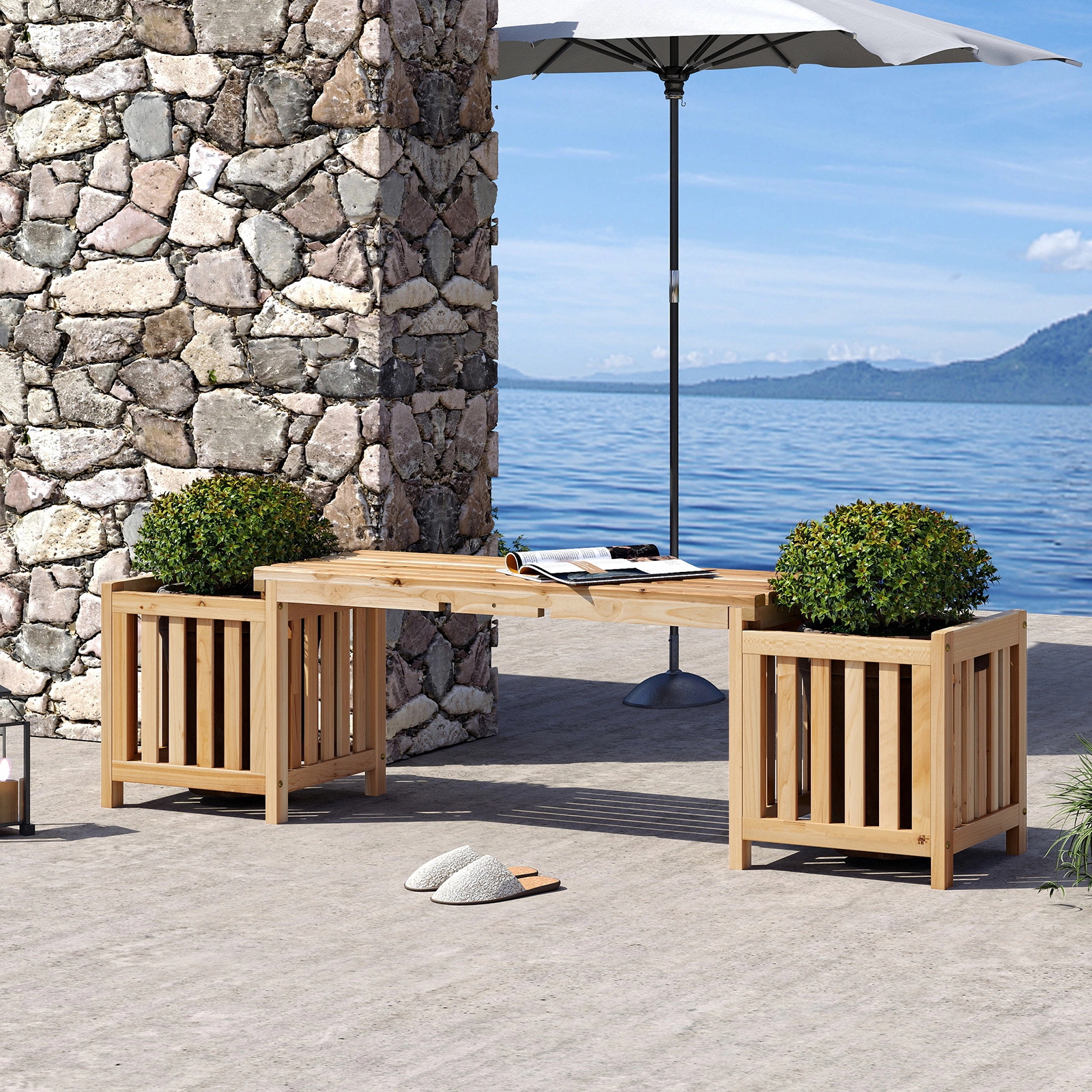 LJG Patio Wooden Bench with Planter 2 Person Patio Bench