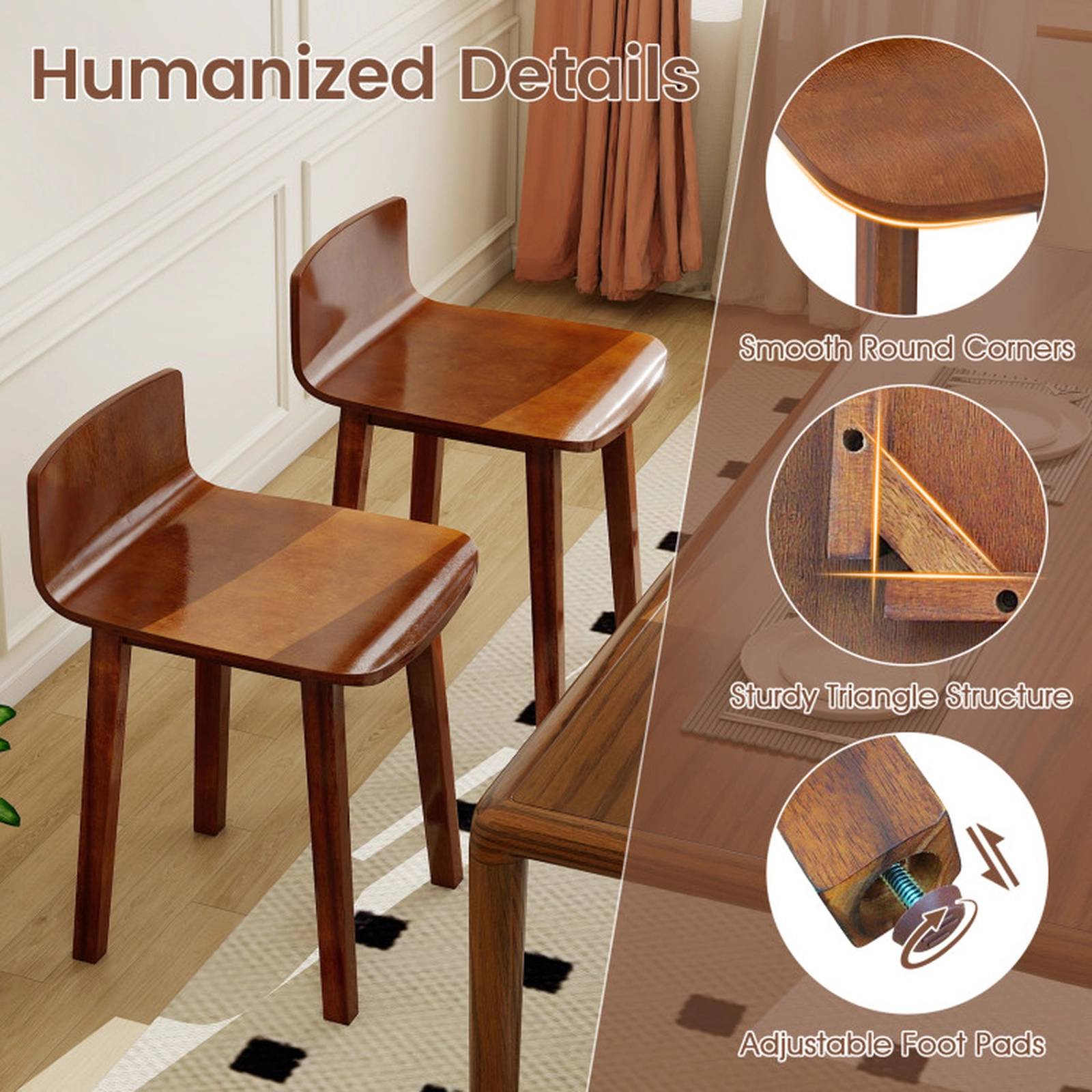 SUGIFT Wide Seat Wood Dining Chair Set of 2 Farmhouse Mid-Century Armless Side Chairs 410-lb Capacity Brown