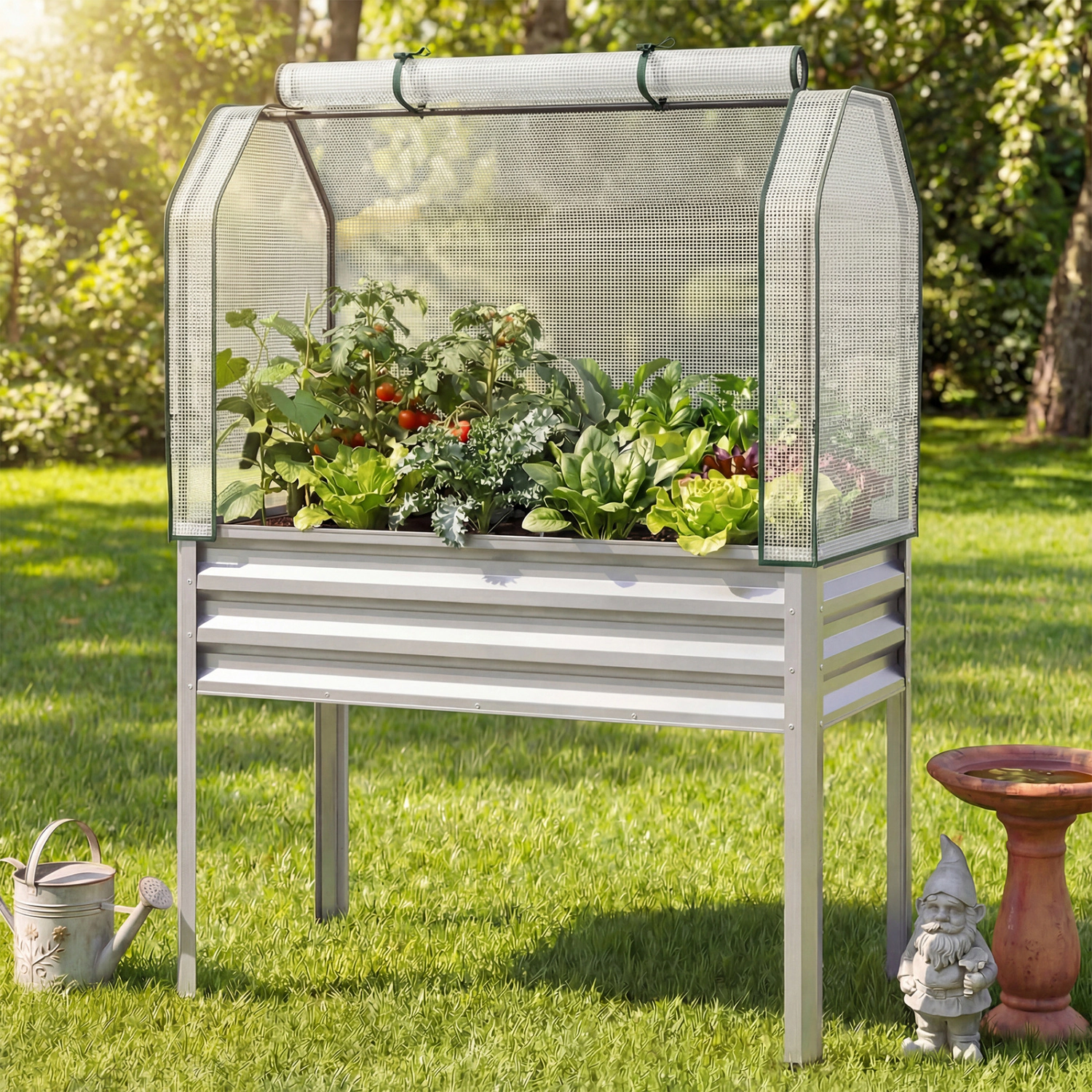 LJG 2 Pieces Galvanized Raised Garden Bed with Legs and Greenhouse Cover for Vegetable Flower